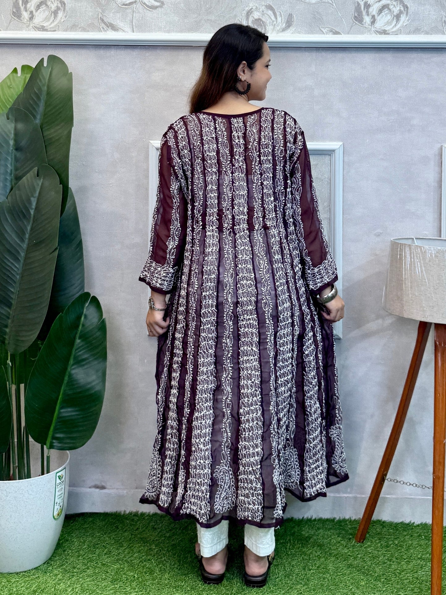 Maroon Lucknow Chikankari georgette kurta with hand embroidery, soft and elegant festive wear.