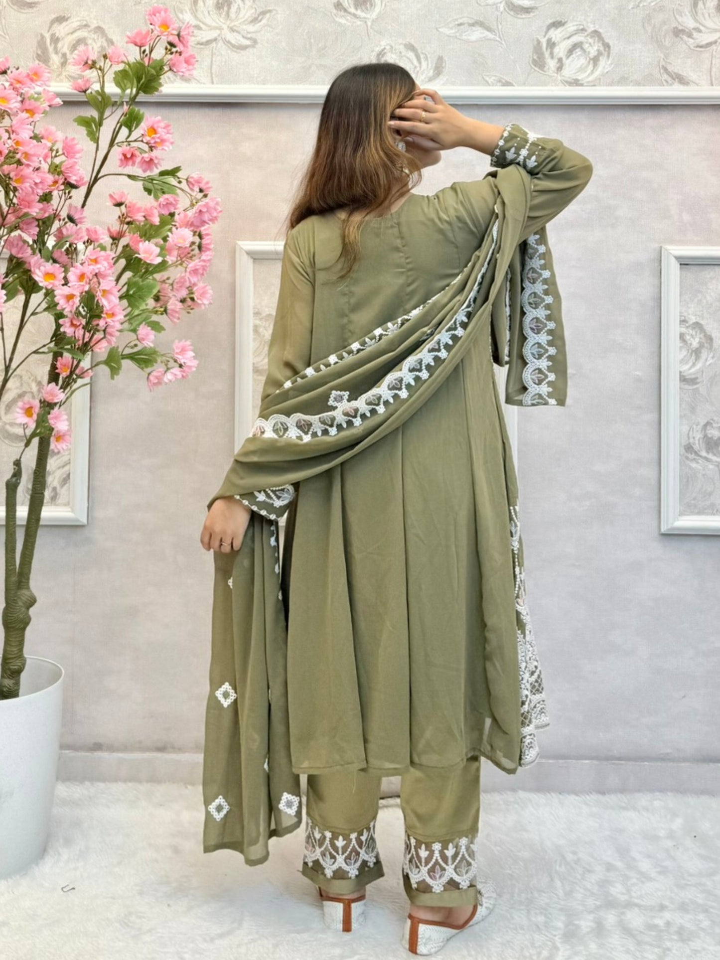 Olive green georgette flared kurta set with hand embroidery, satin pant, and embroidered dupatta – festive ethnic suit