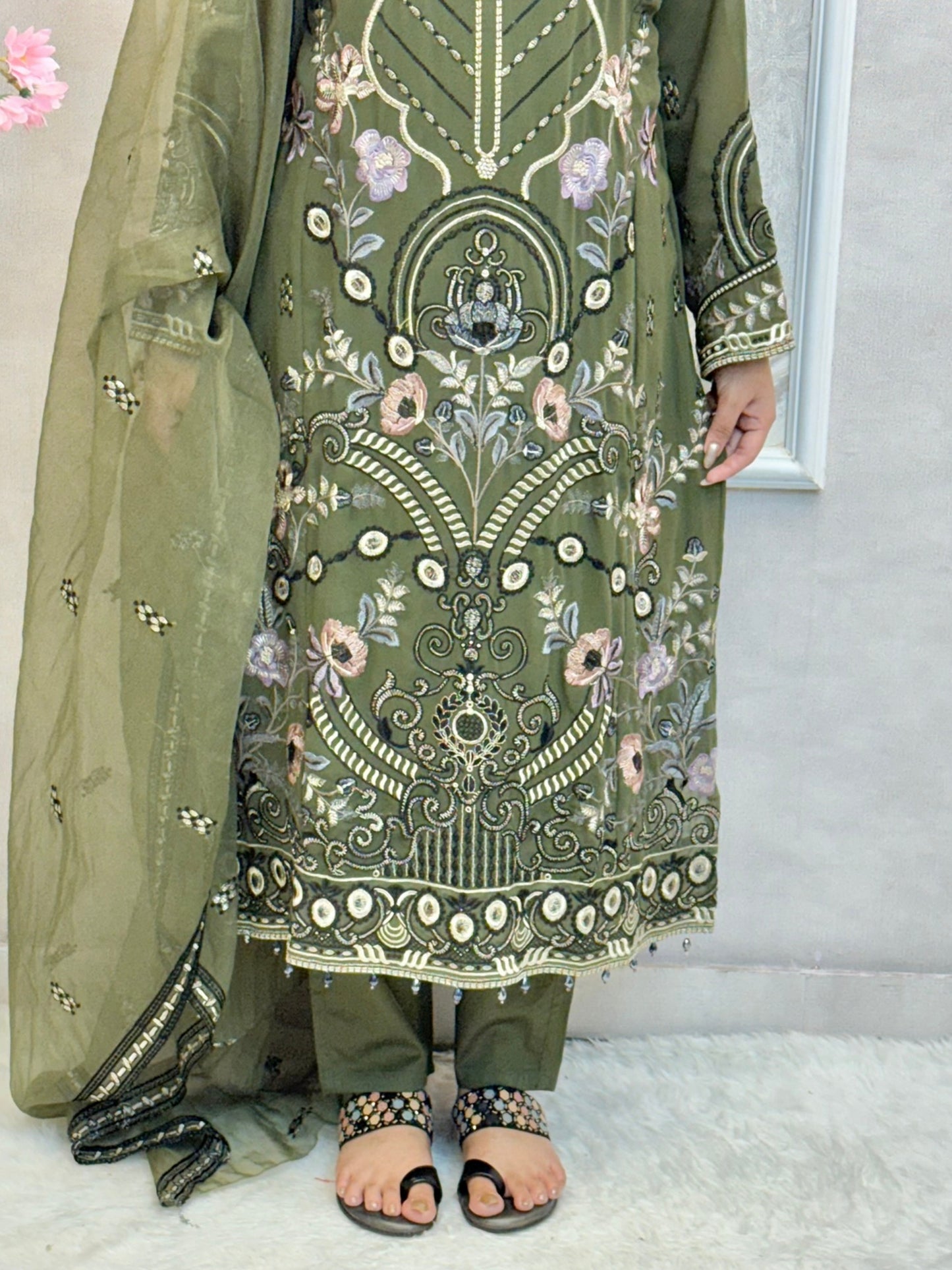 Olive green embroidered georgette kurta set with cotton pant and organza dupatta
