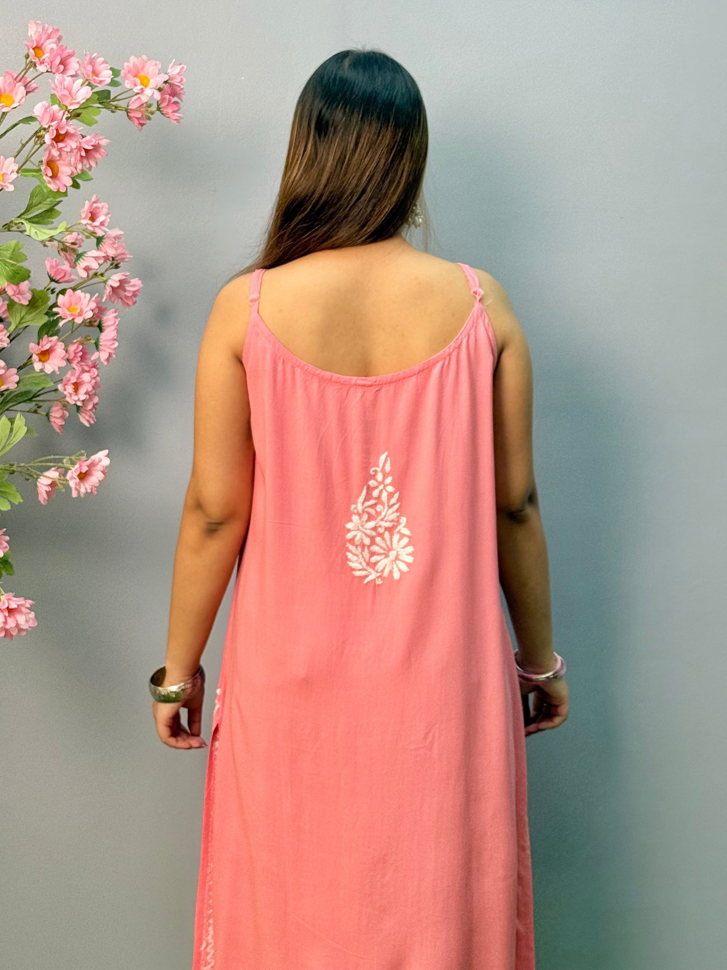 Peach pink rayon sleeveless short Lucknow Chikankari kurta with hand embroidery