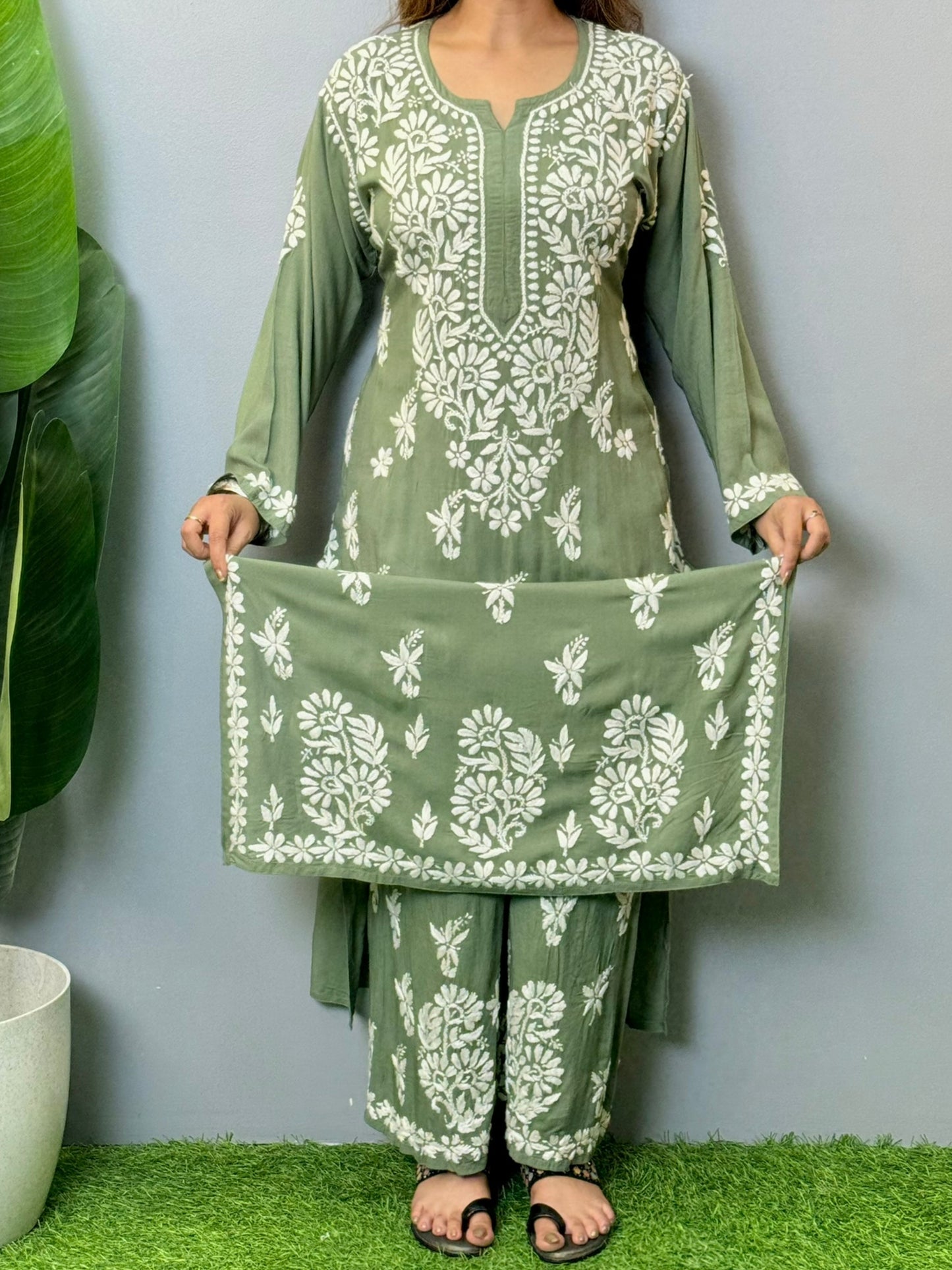 Sage green modal chikankari kurta and palazzo set with white hand embroidery