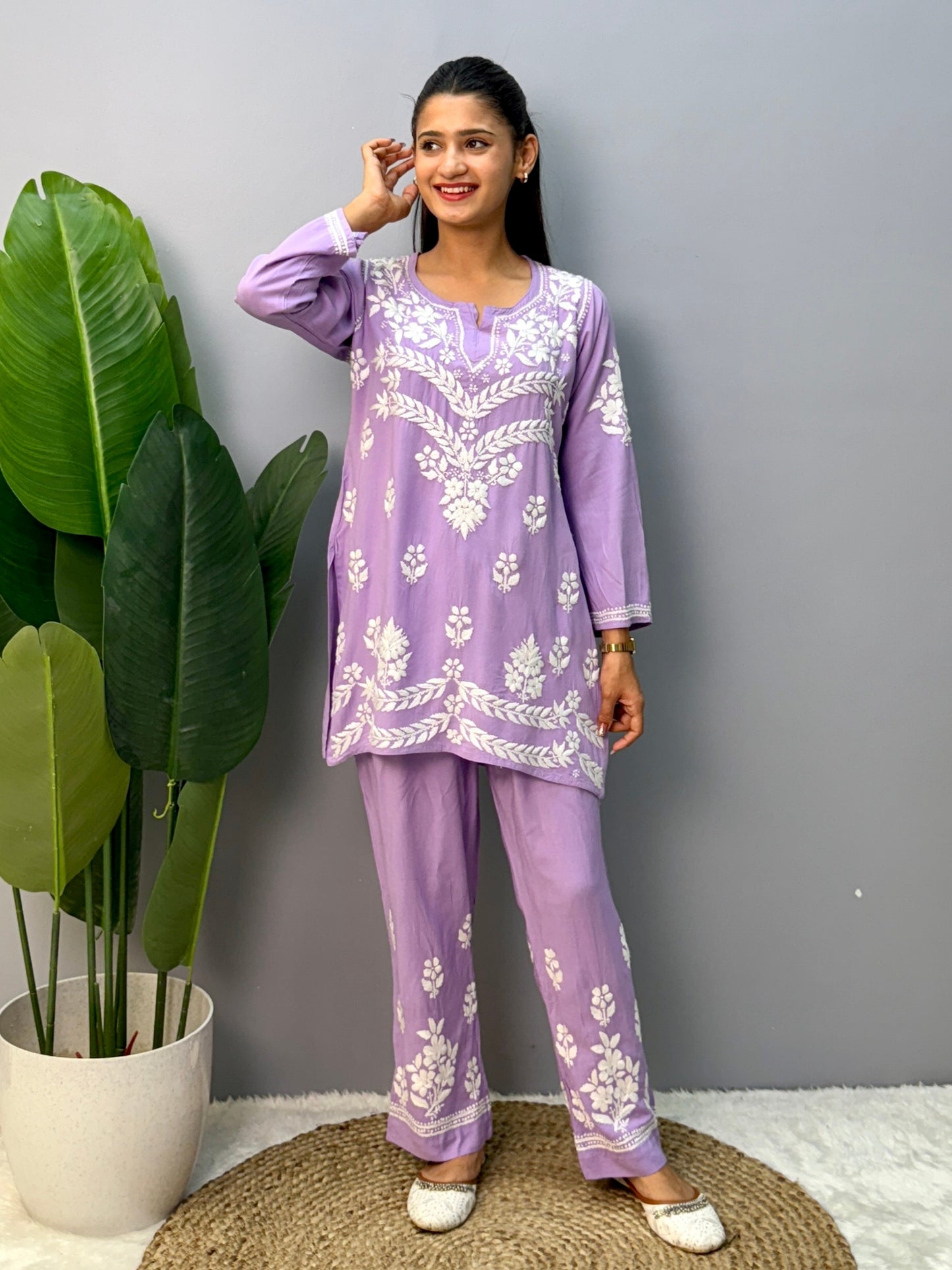 Lavender rayon chikankari short kurta and pant set with white embroidery