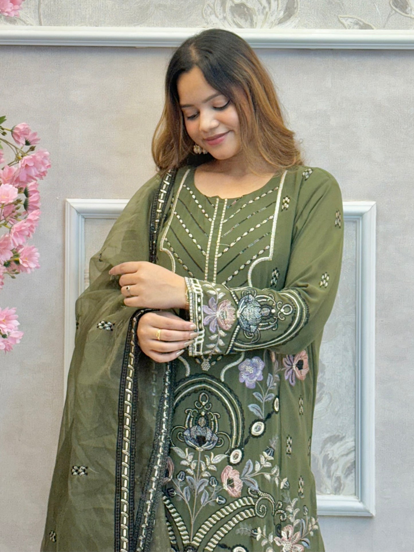 Olive green embroidered georgette kurta set with cotton pant and organza dupatta