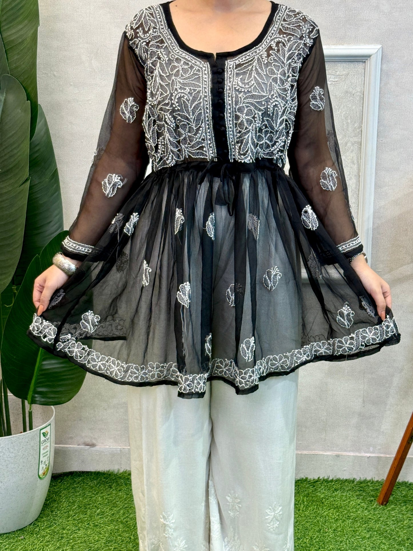 Black Georgette Lucknow Chikankari Flair Short Kurta with white hand embroidery – elegant and soft premium wear