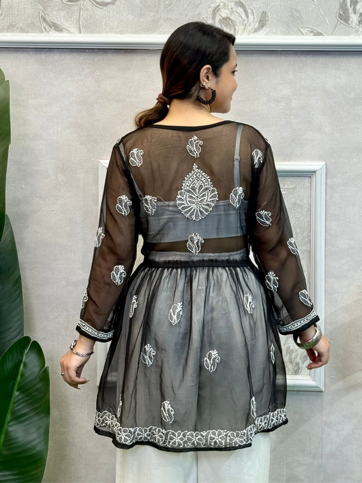 Black Georgette Lucknow Chikankari Flair Short Kurta with white hand embroidery – elegant and soft premium wear