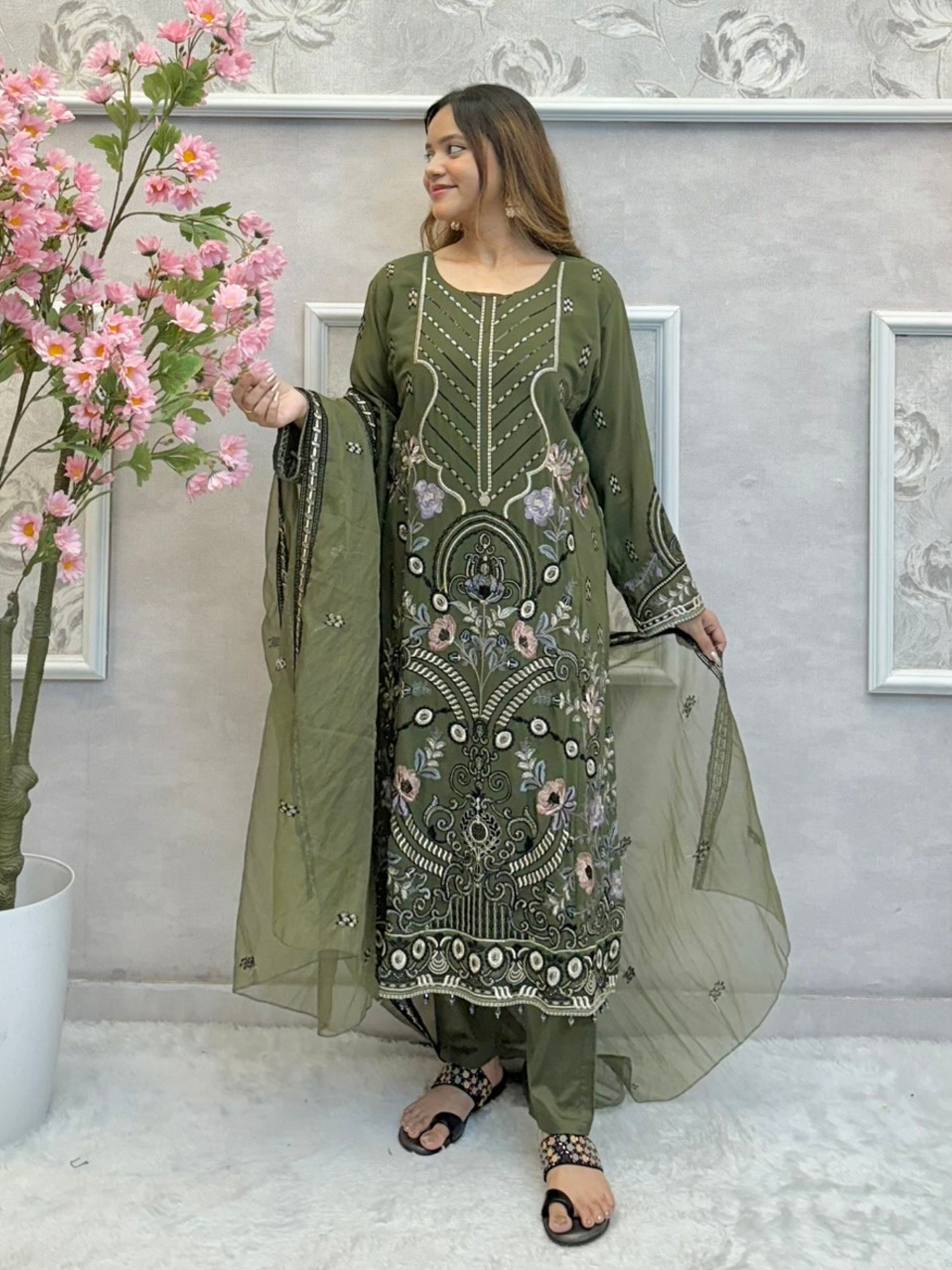 Olive green embroidered georgette kurta set with cotton pant and organza dupatta