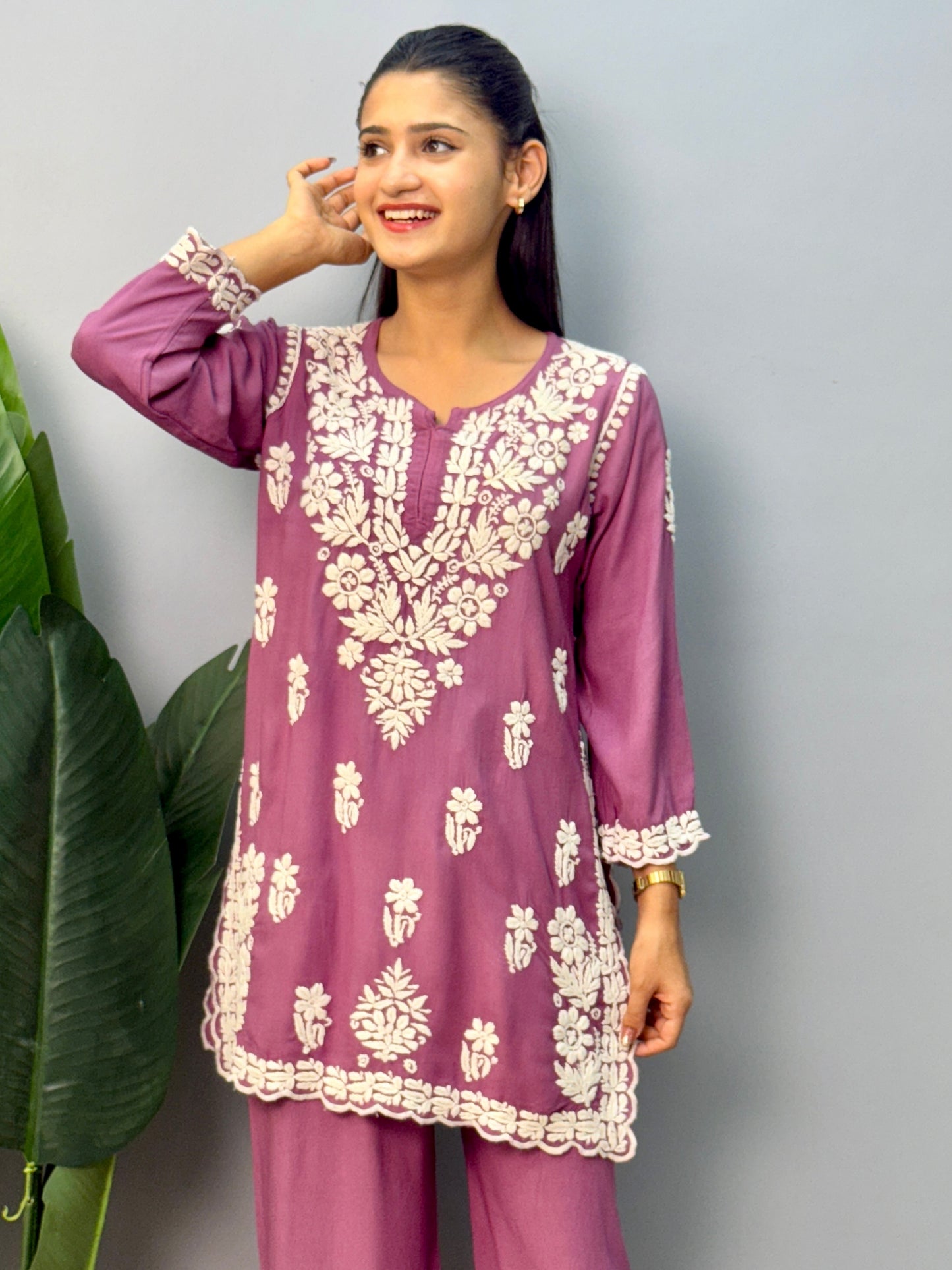 Mauve rayon short kurta with matching palazzo pants featuring authentic Lucknow Chikankari hand embroidery.
