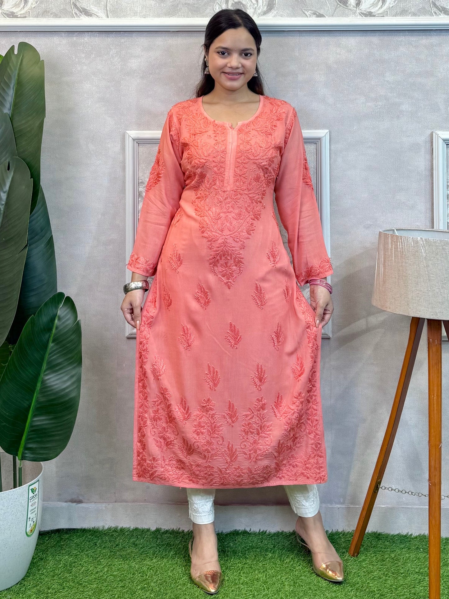 Coral peach modal fabric chikankari kurta with hand embroidery – R S Chikankari