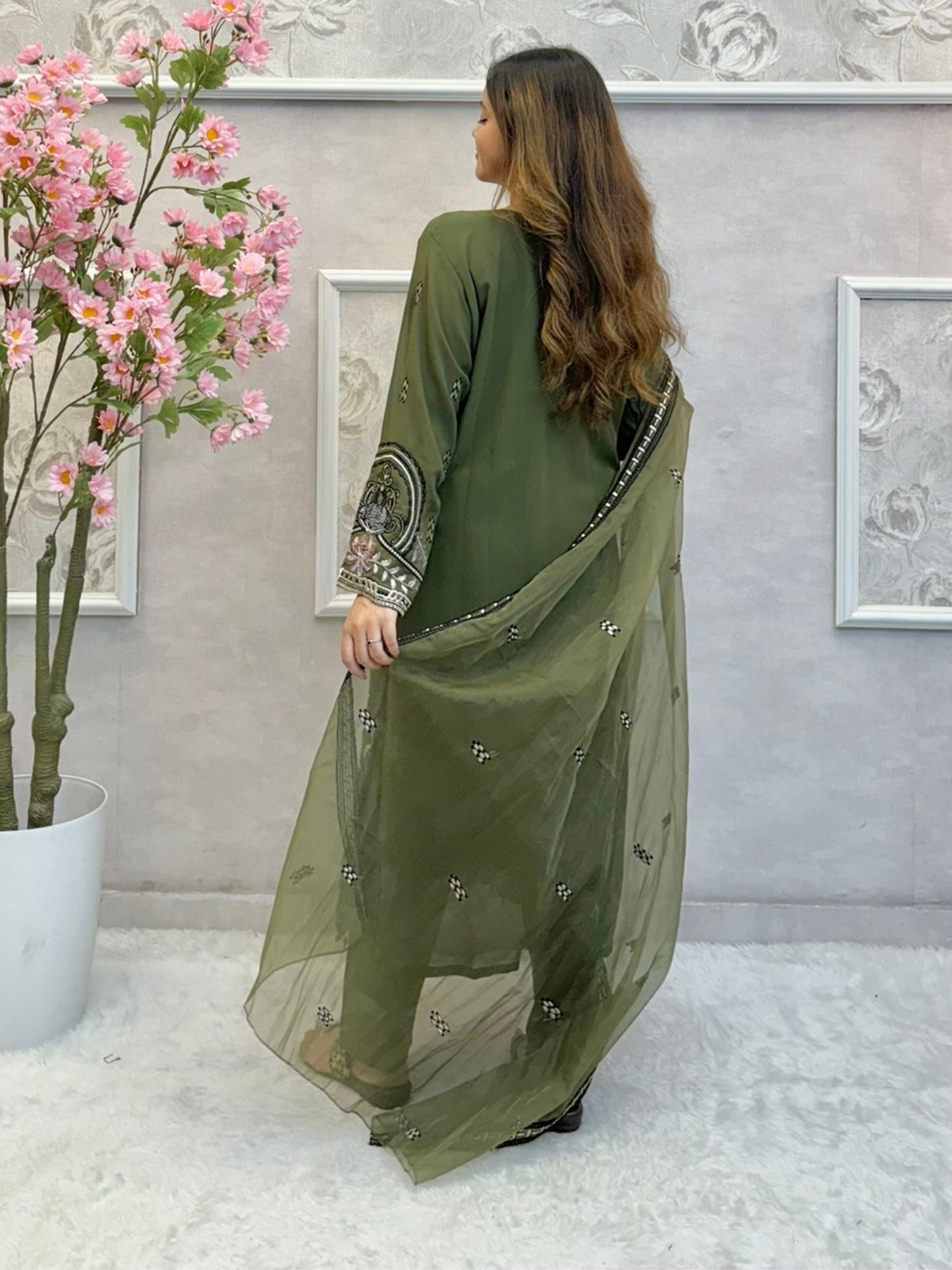 Olive green embroidered georgette kurta set with cotton pant and organza dupatta