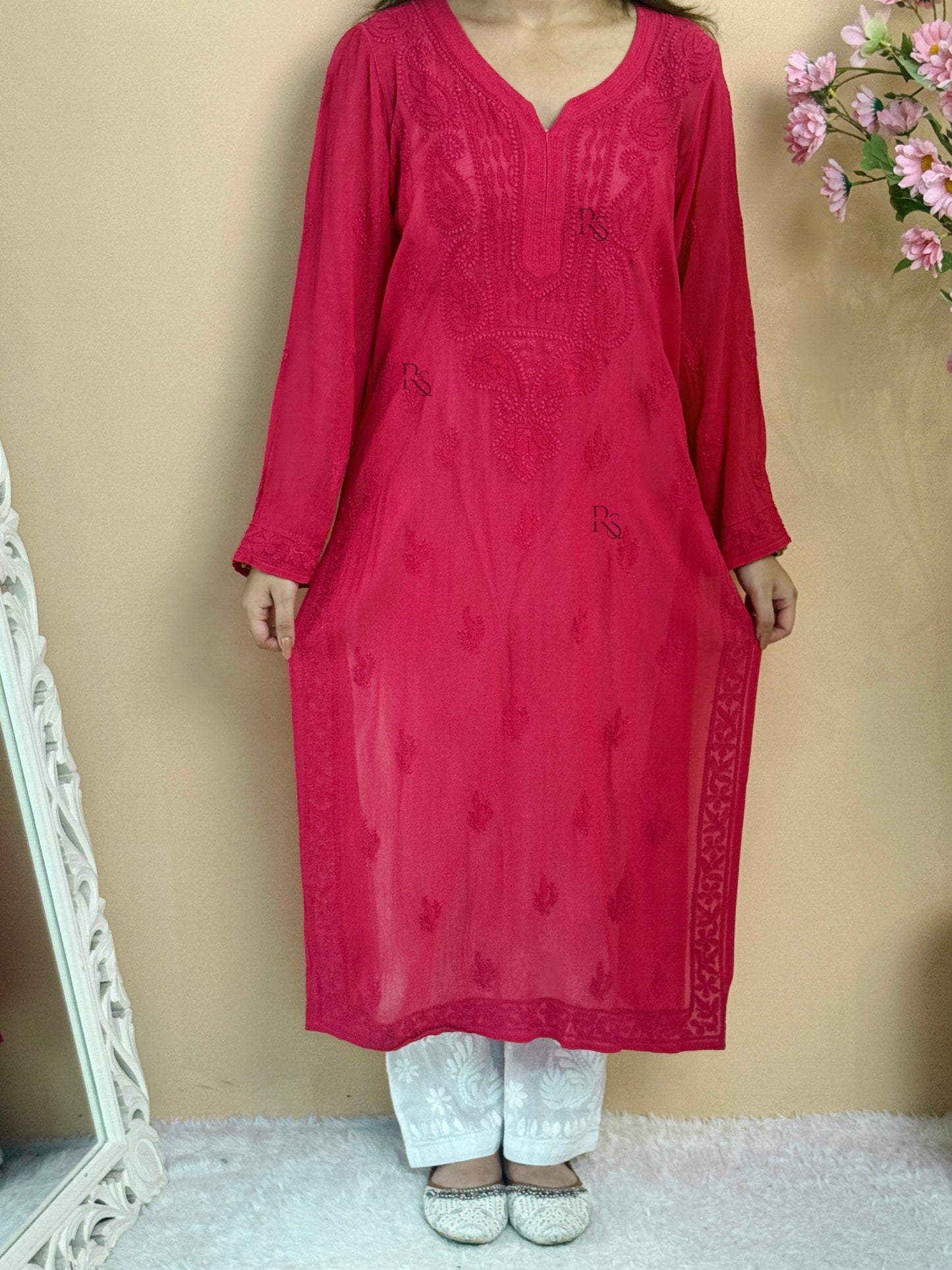 Pink Lucknow chikankari viscose kurta with hand embroidery in transy fabric