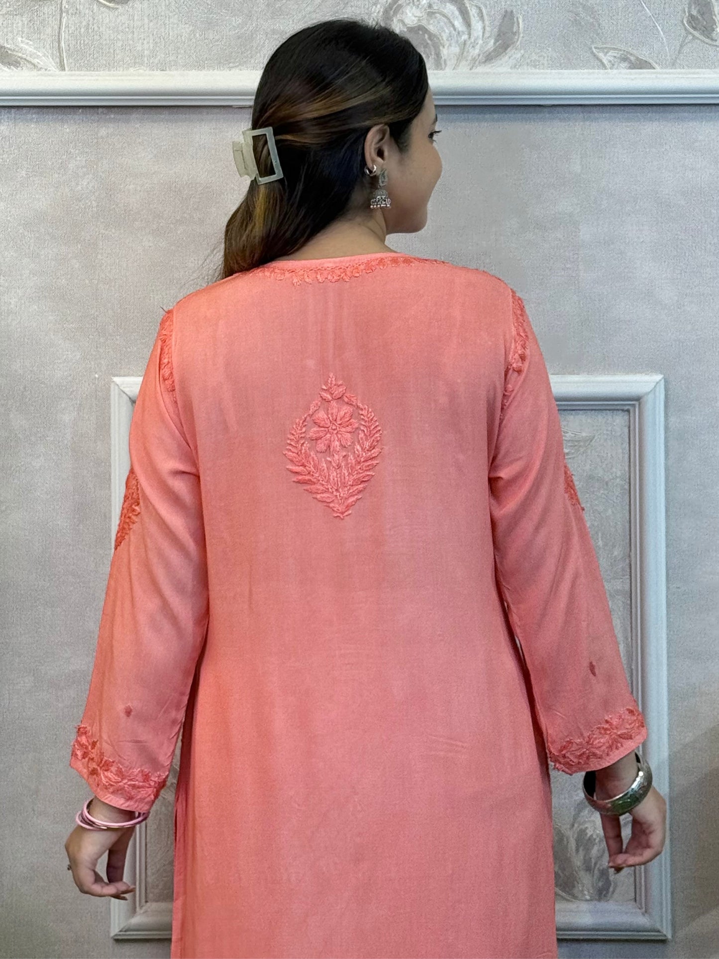 Coral peach modal fabric chikankari kurta with hand embroidery – R S Chikankari
