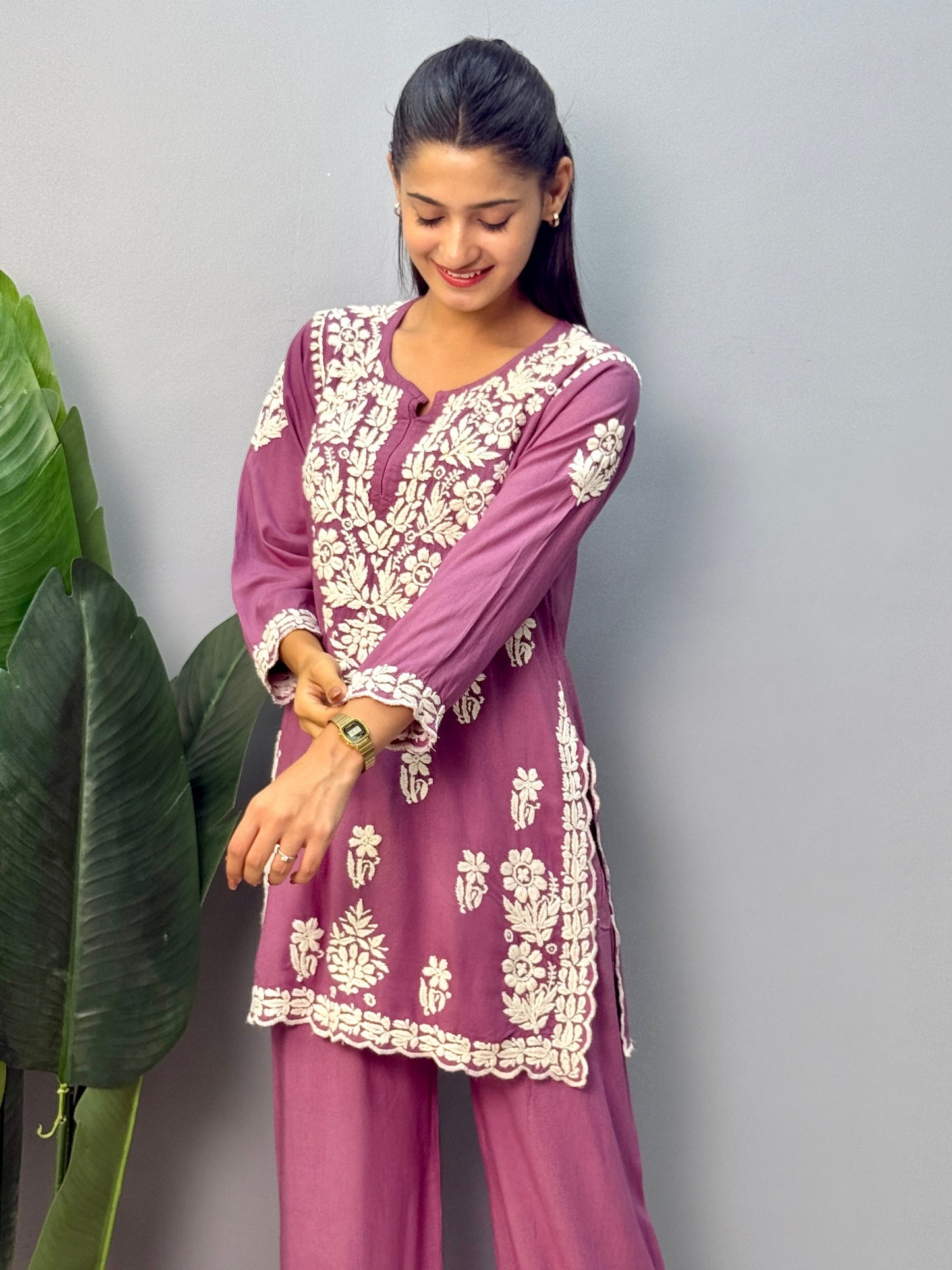 Mauve rayon short kurta with matching palazzo pants featuring authentic Lucknow Chikankari hand embroidery.
