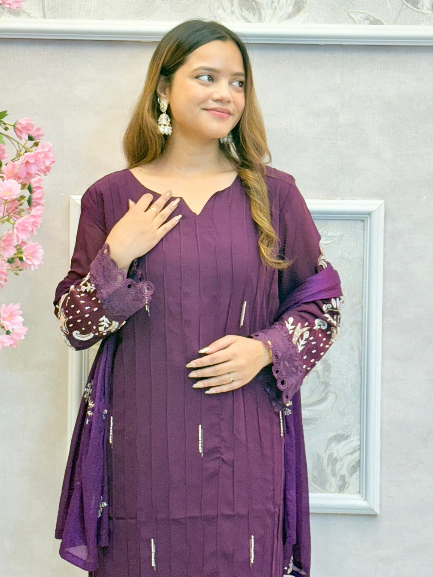 Deep purple georgette designer kurta set with hand embroidery and matching dupatta