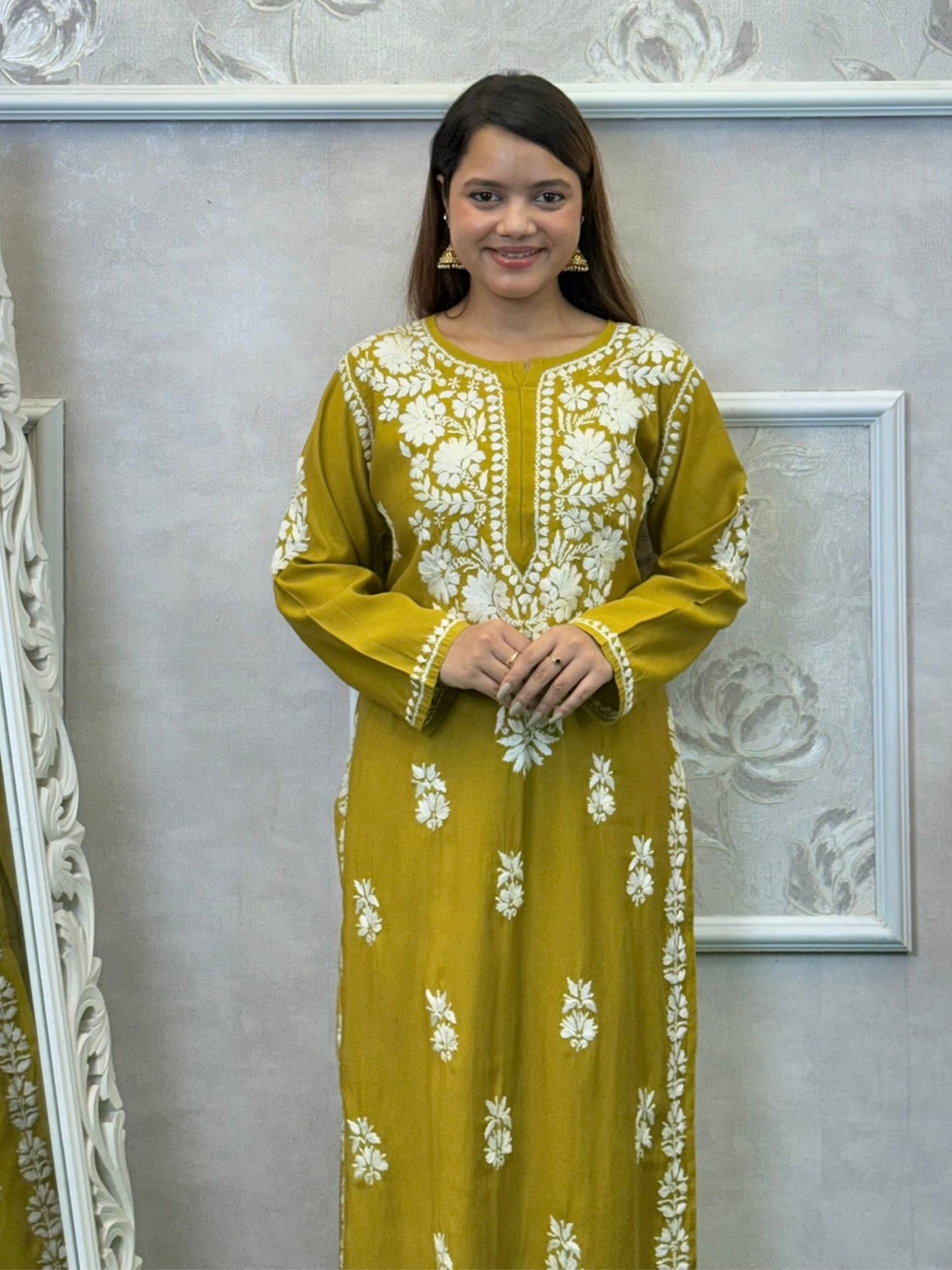 Mustard yellow Norway silk Lucknowi Chikankari kurta and pant set with intricate white hand embroidery