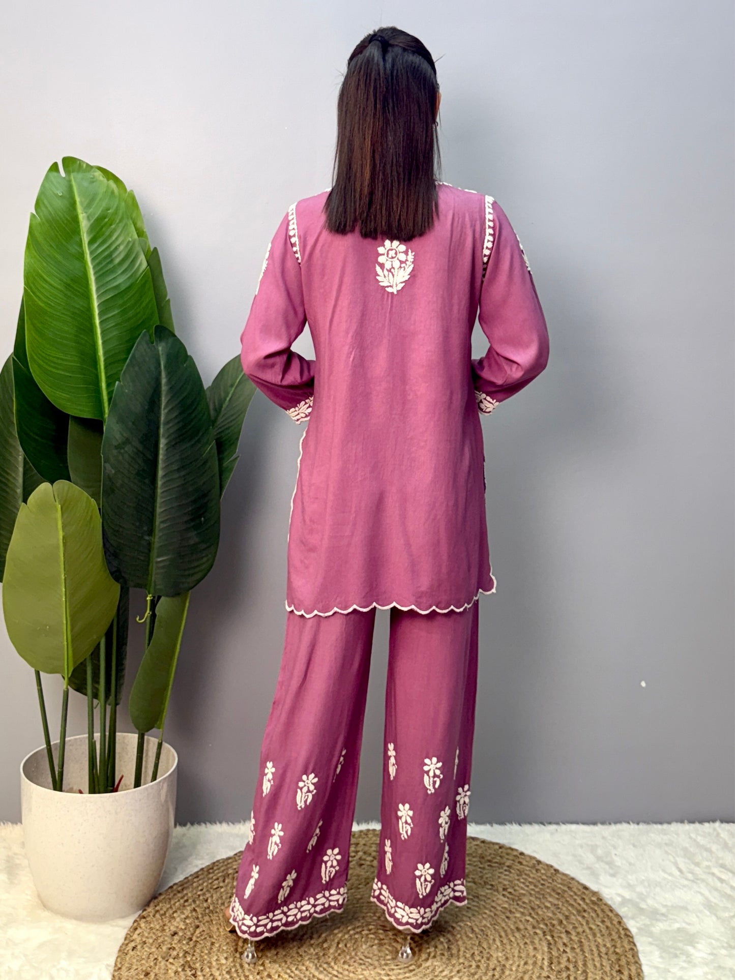 Mauve rayon short kurta with matching palazzo pants featuring authentic Lucknow Chikankari hand embroidery.