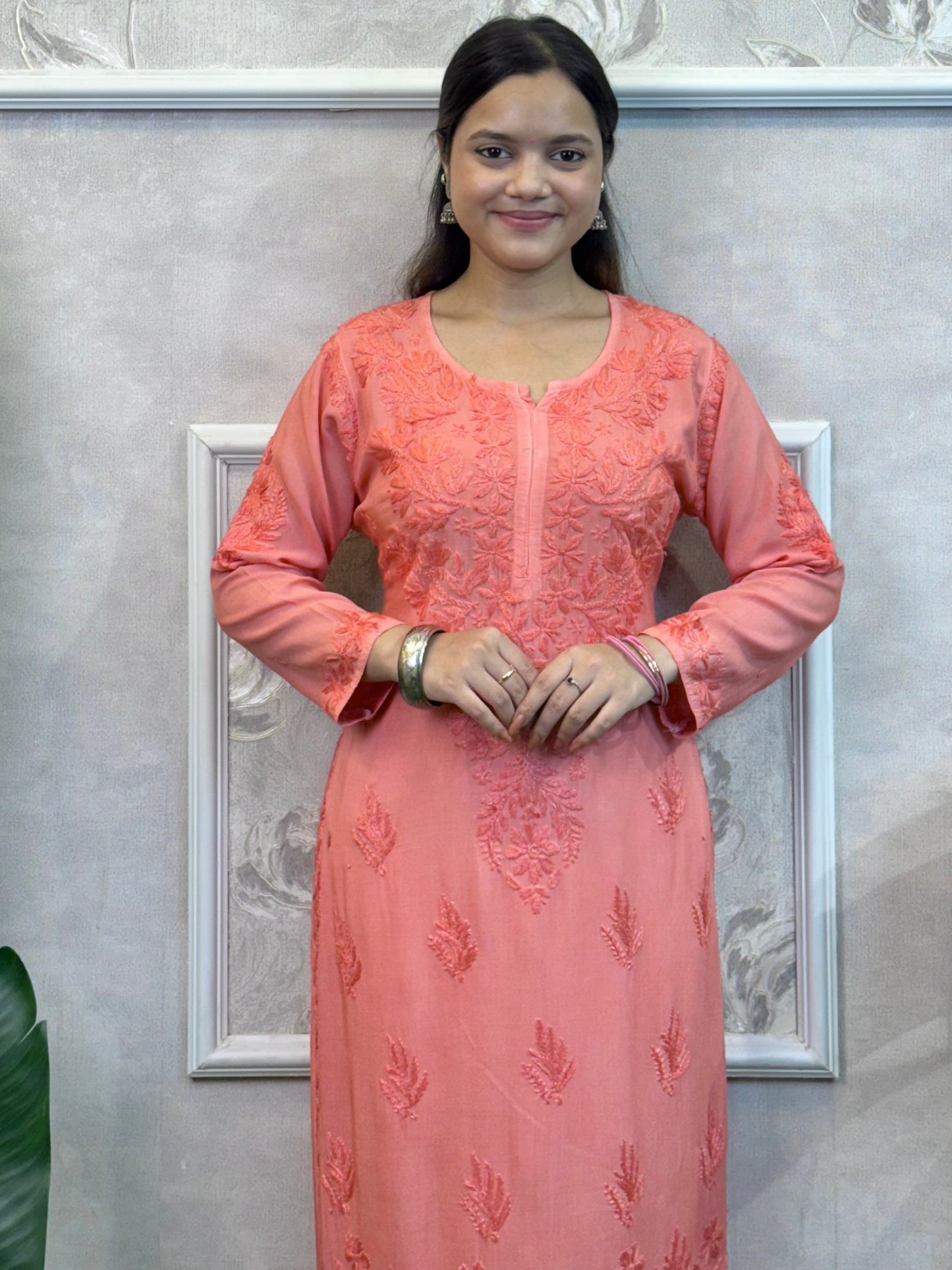 Coral peach modal fabric chikankari kurta with hand embroidery – R S Chikankari