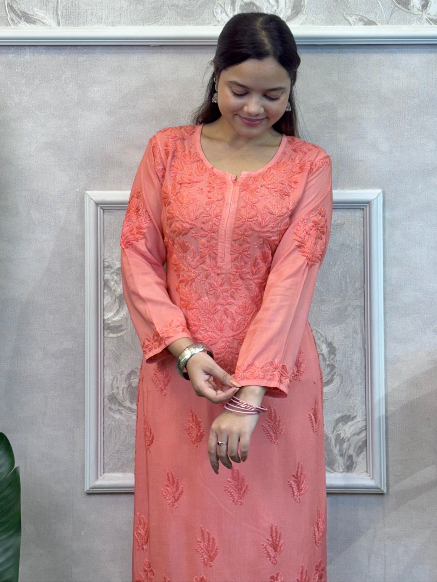 Coral peach modal fabric chikankari kurta with hand embroidery – R S Chikankari