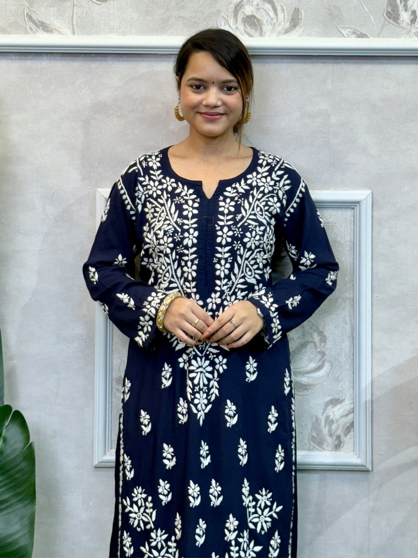 Navy blue modal Lucknow Chikankari kurta with hand embroidery in soft and premium quality fabric.
