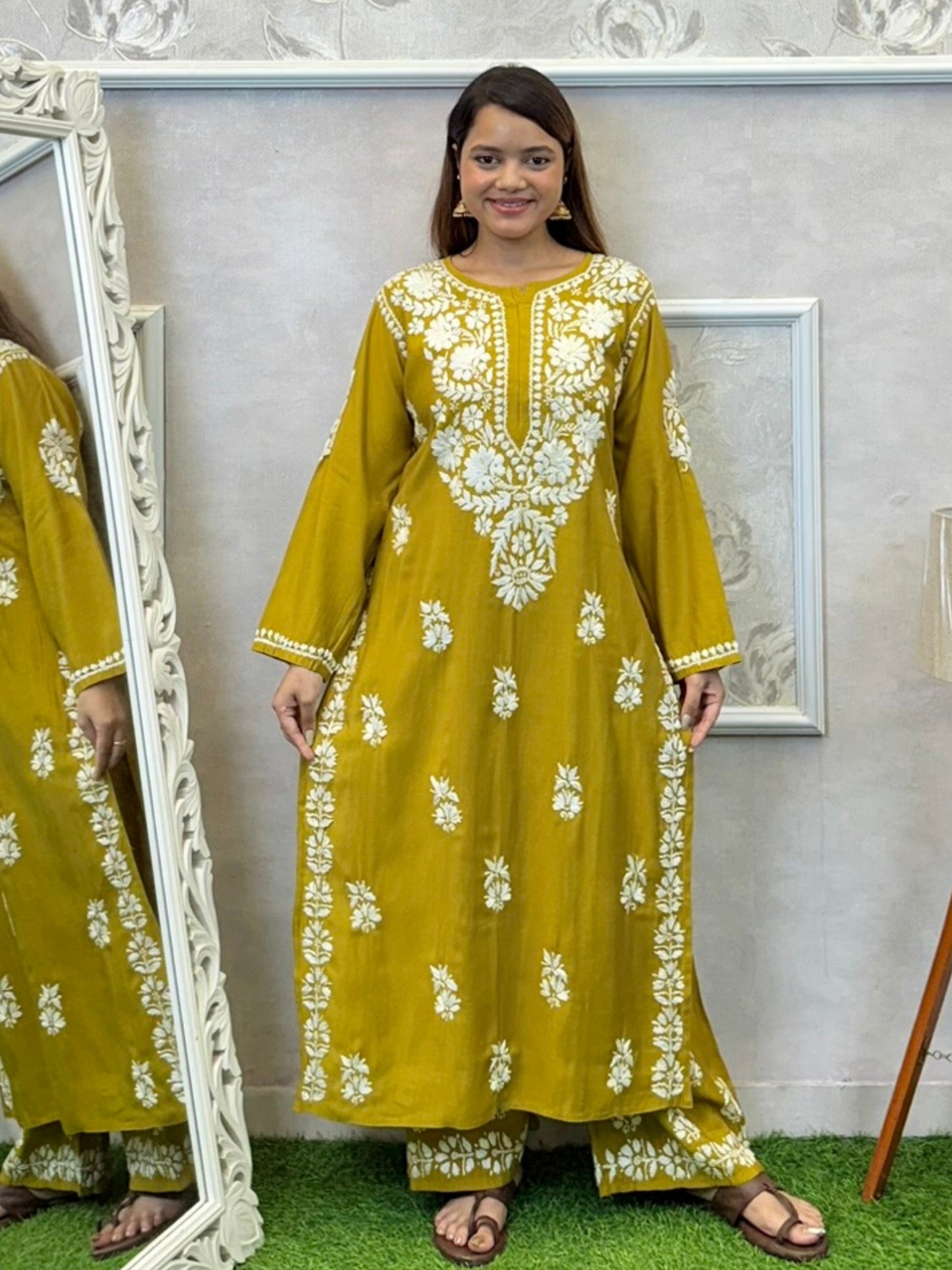 Mustard yellow Norway silk Lucknowi Chikankari kurta and pant set with intricate white hand embroidery
