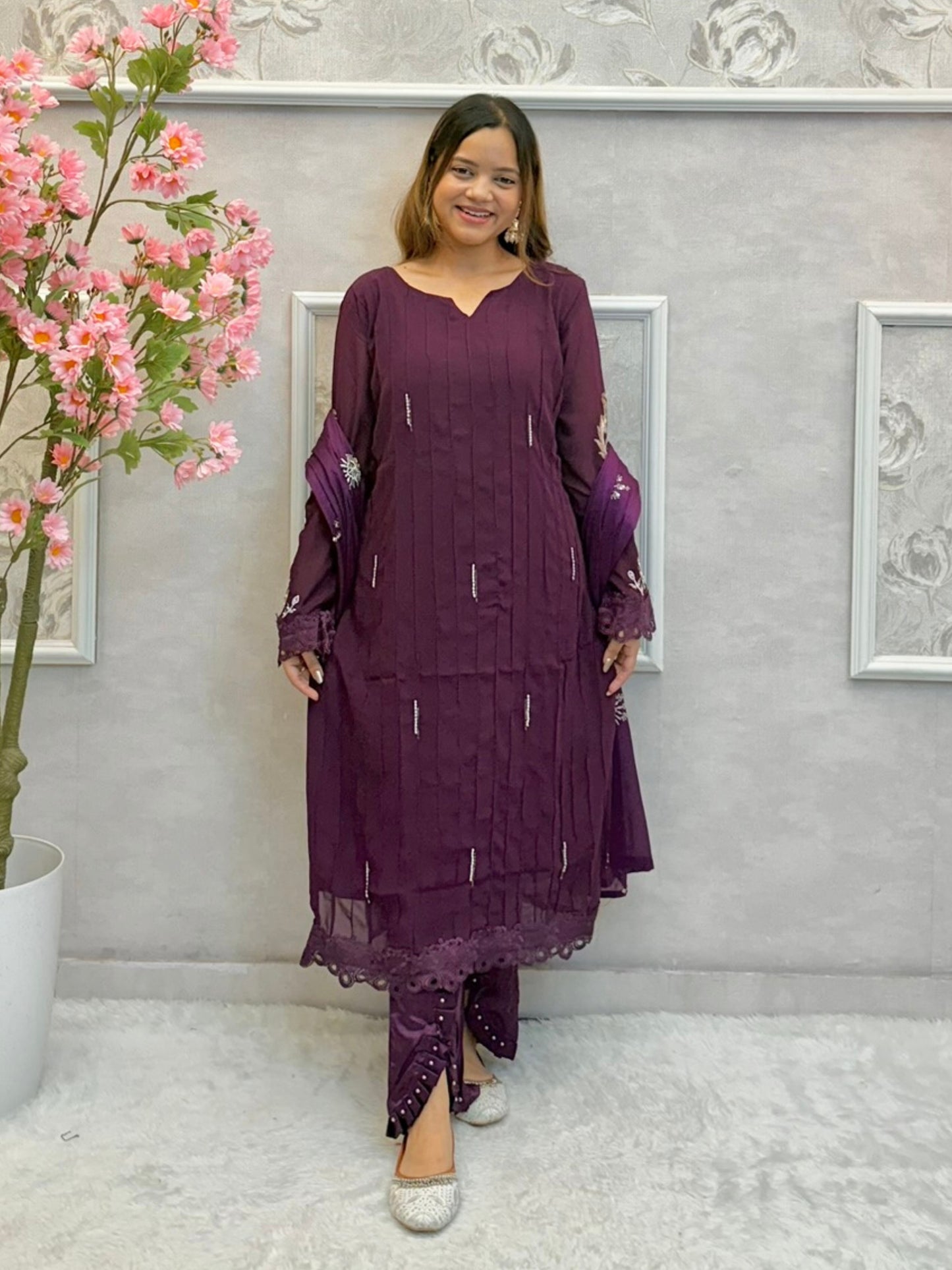 Deep purple georgette designer kurta set with hand embroidery and matching dupatta
