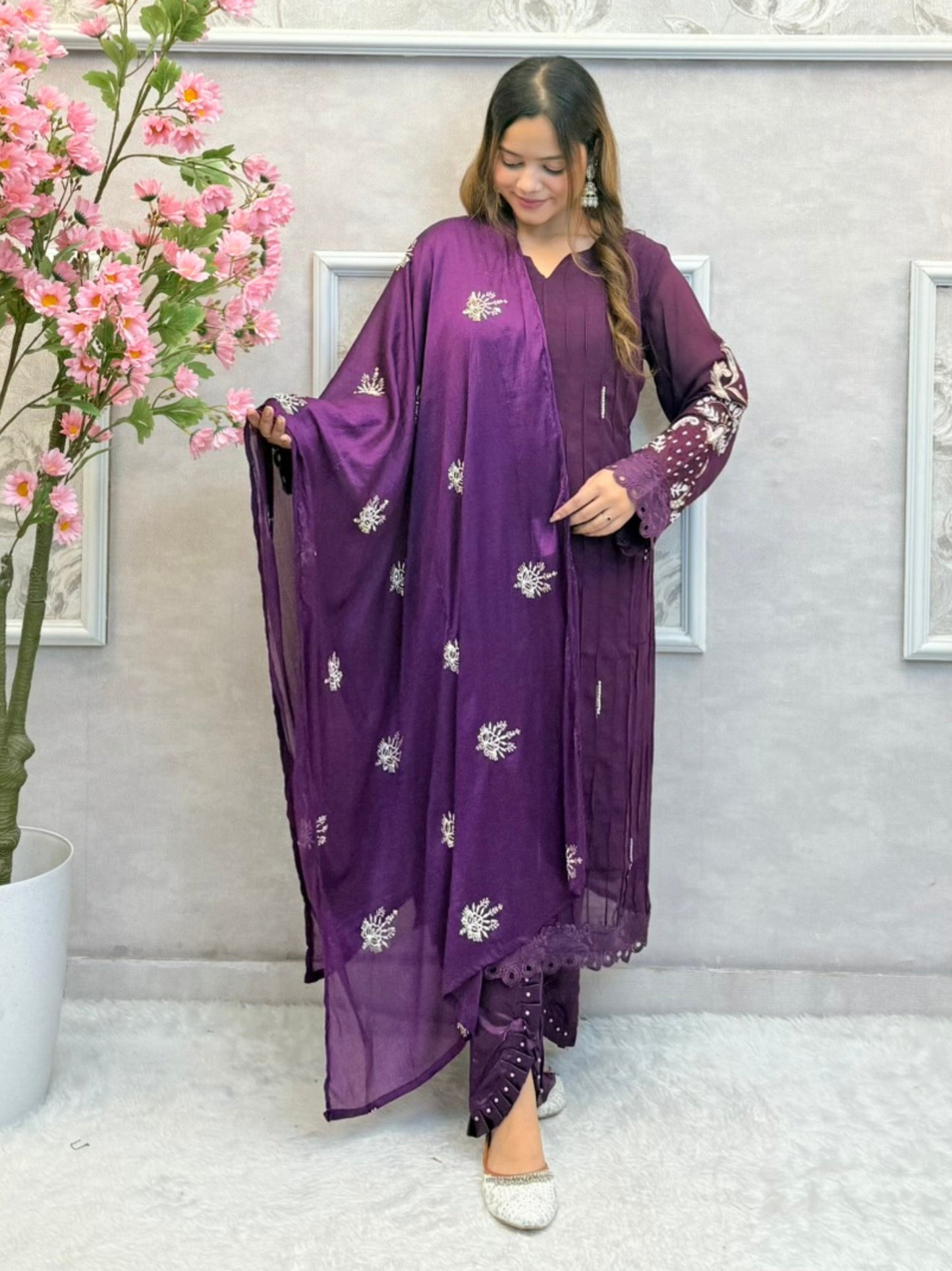 Deep purple georgette designer kurta set with hand embroidery and matching dupatta