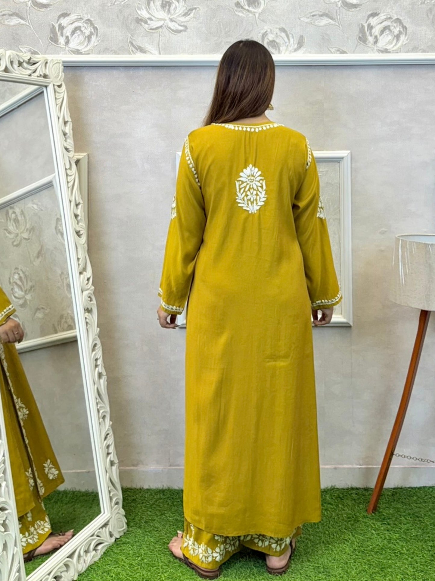 Mustard yellow Norway silk Lucknowi Chikankari kurta and pant set with intricate white hand embroidery
