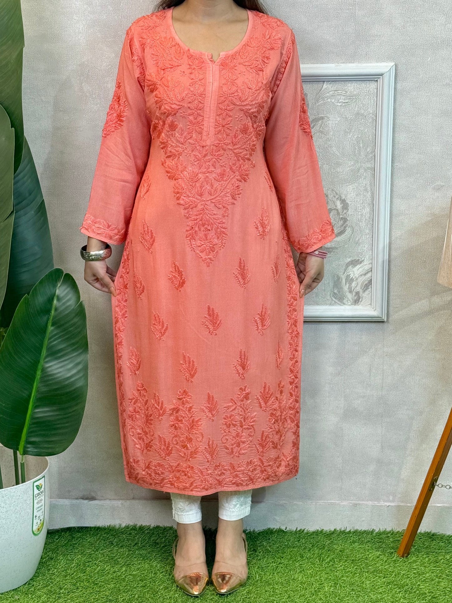 Coral peach modal fabric chikankari kurta with hand embroidery – R S Chikankari