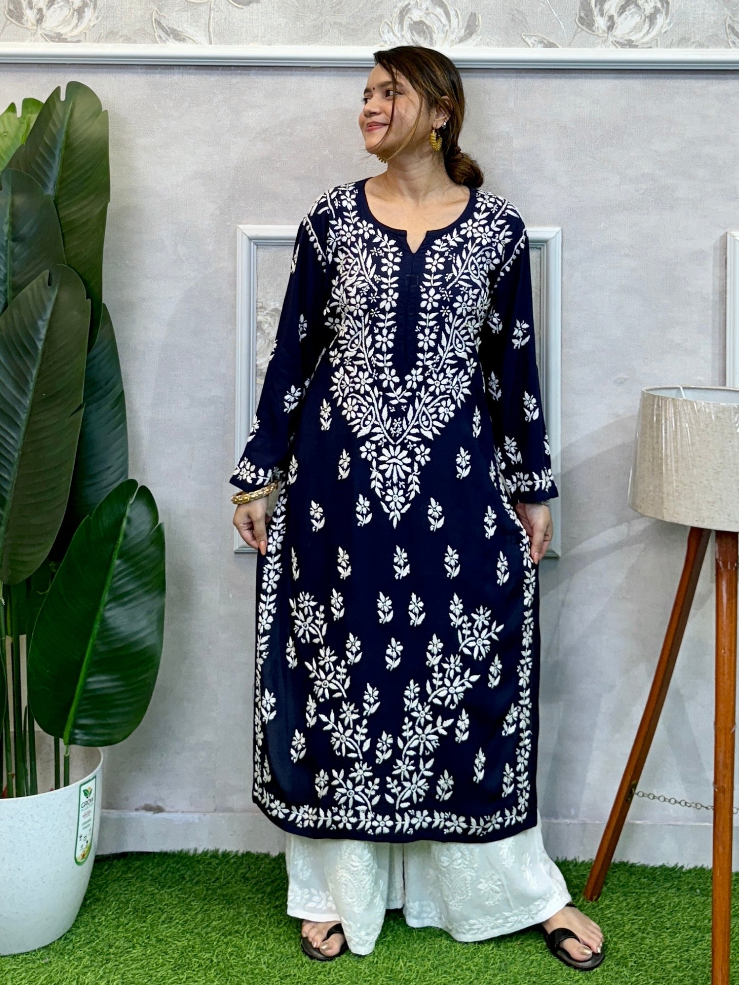 Navy blue modal Lucknow Chikankari kurta with hand embroidery in soft and premium quality fabric.