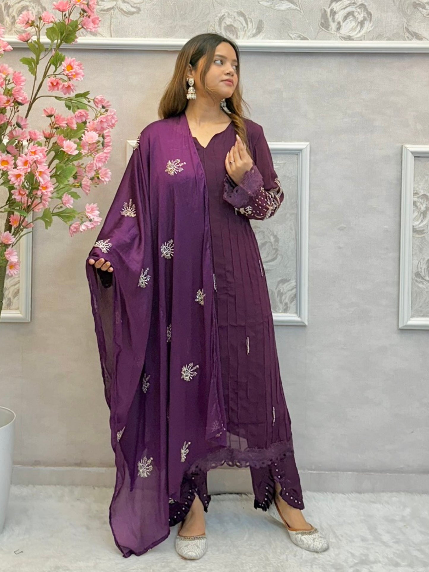 Deep purple georgette designer kurta set with hand embroidery and matching dupatta