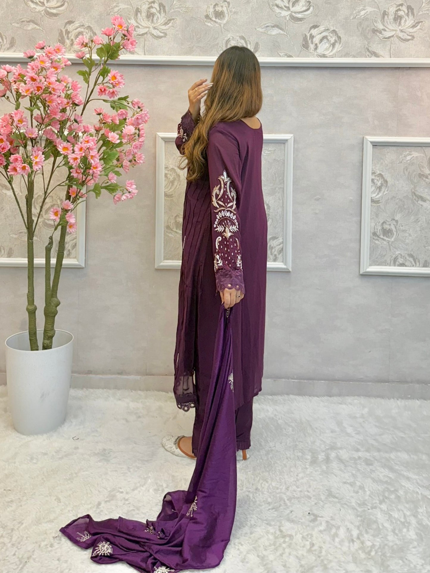Deep purple georgette designer kurta set with hand embroidery and matching dupatta