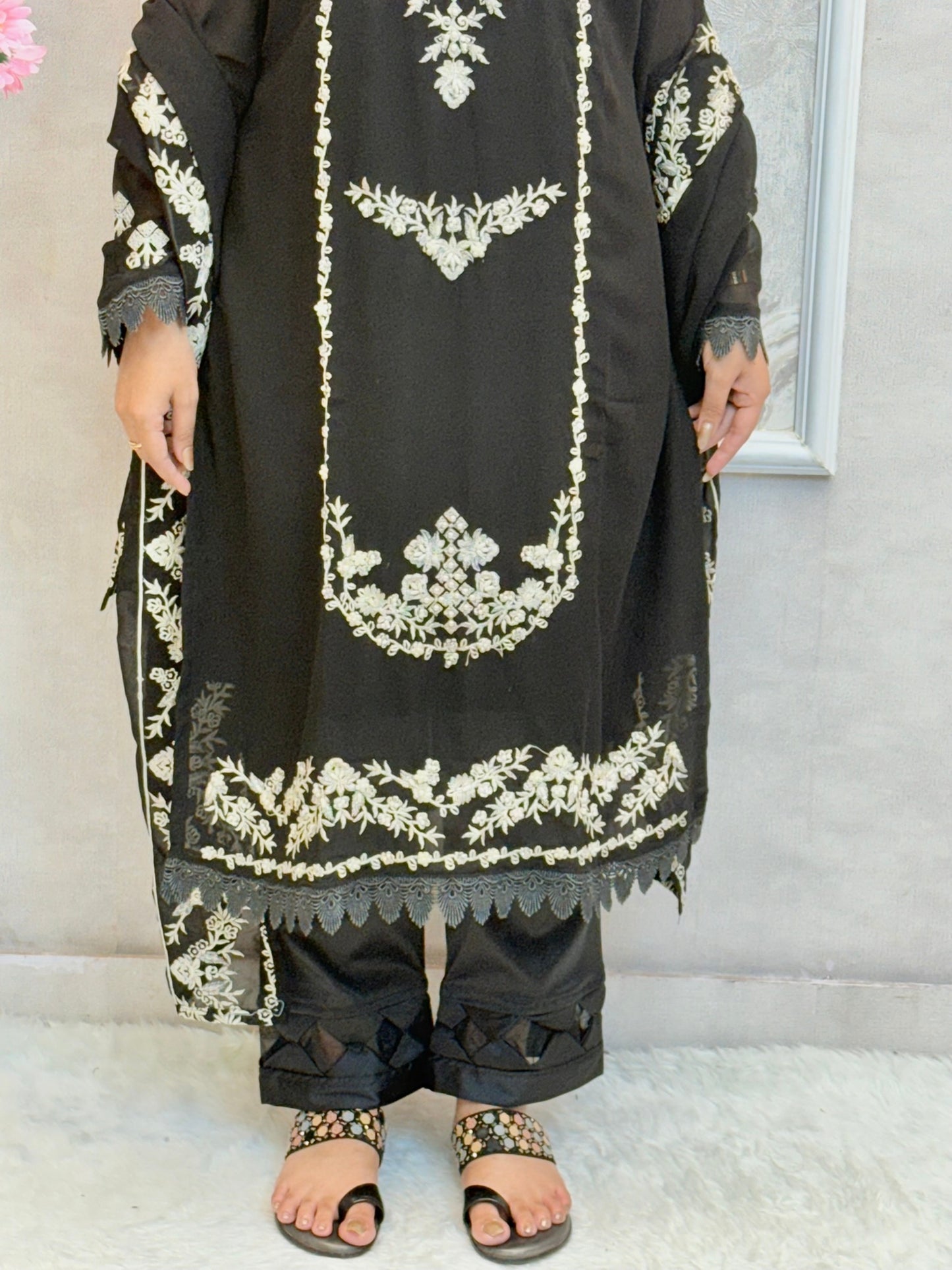 Black georgette designer kurta set with ivory hand embroidery and matching dupatta