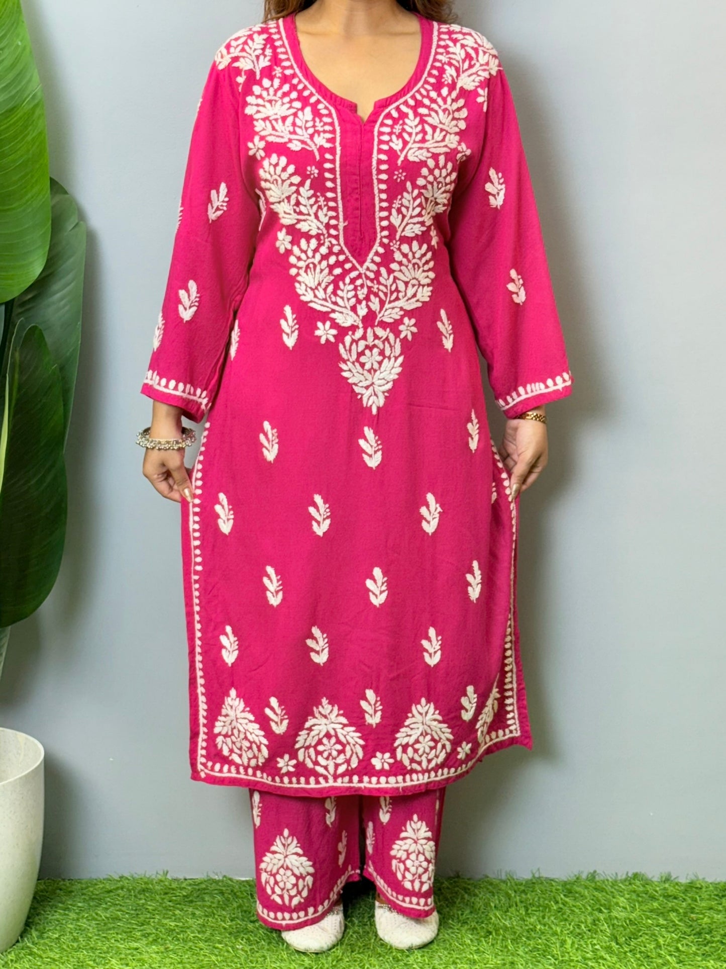 Magenta rayon chikankari kurta and palazzo set with white hand embroidery