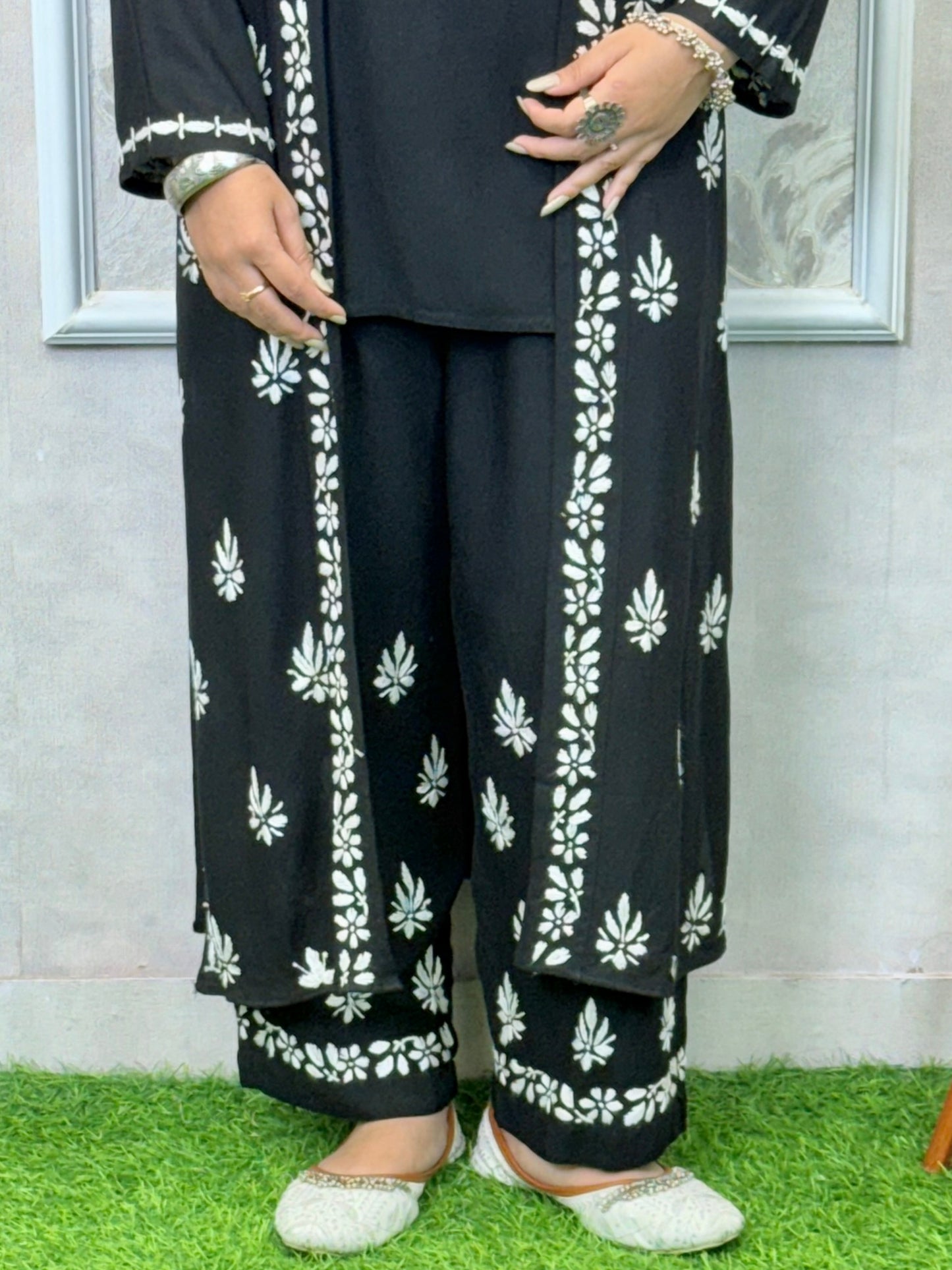 Black Lucknowi Chikankari 3-piece rayon set with sleeveless kurta, embroidered shrug, and pant