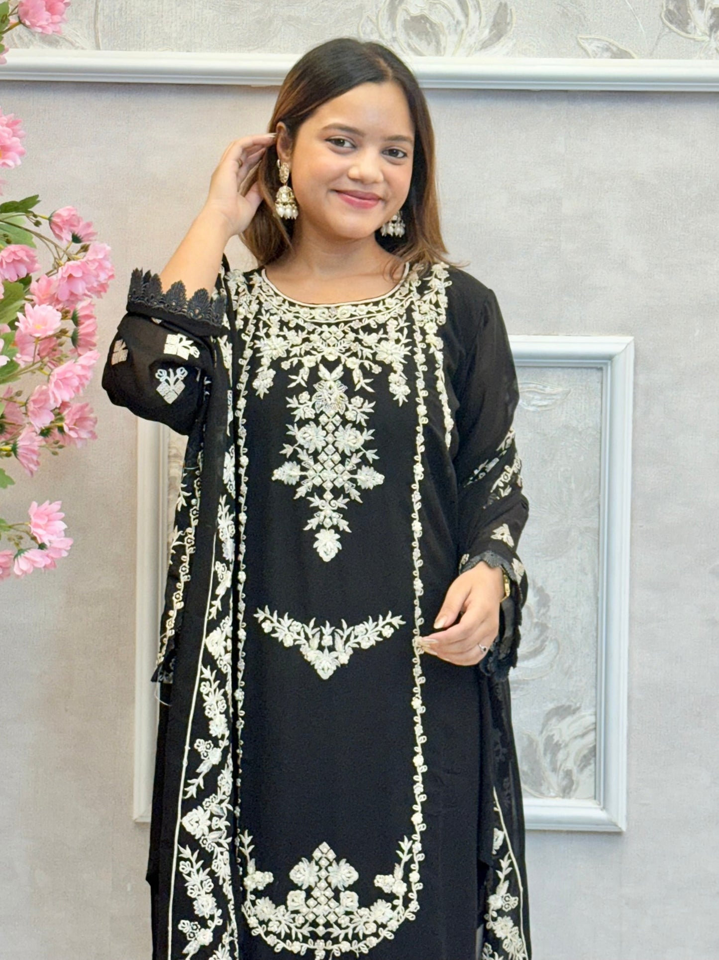 Black georgette designer kurta set with ivory hand embroidery and matching dupatta