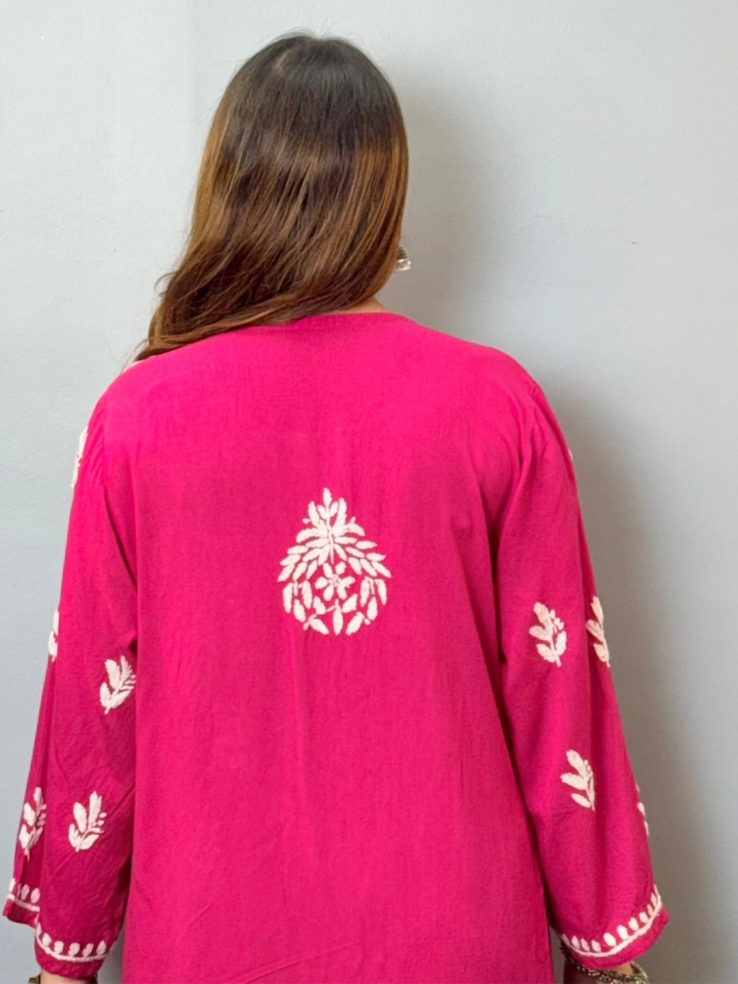 Magenta rayon chikankari kurta and palazzo set with white hand embroidery