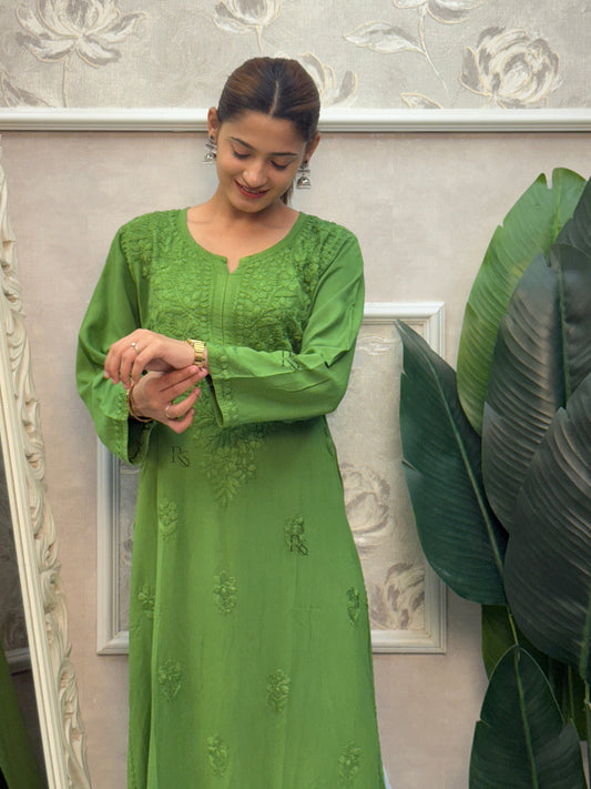 Green rayon Lucknow Chikankari kurta with elegant hand embroidery.