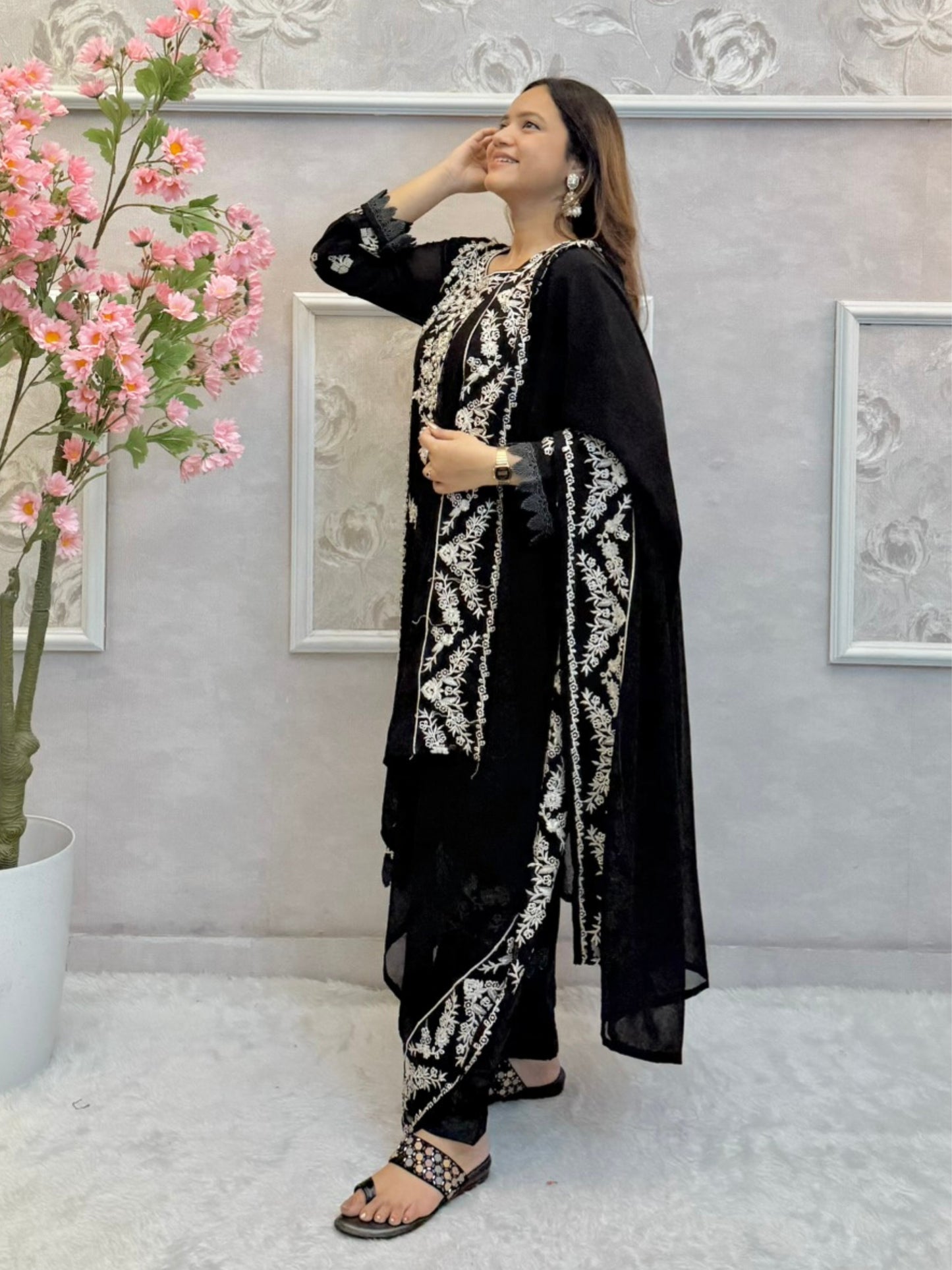 Black georgette designer kurta set with ivory hand embroidery and matching dupatta