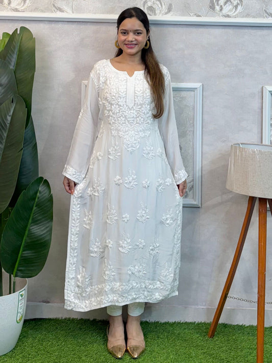 White dyable silk chikankari kurta with hand embroidery
