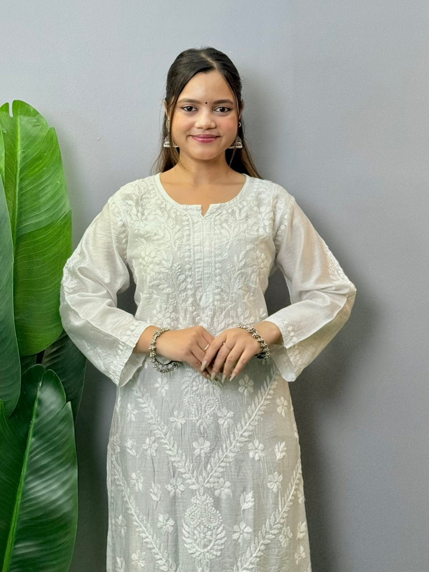 White Chanderi kurta with all-over Lucknowi Chikankari embroidery, premium quality, dyable and versatile