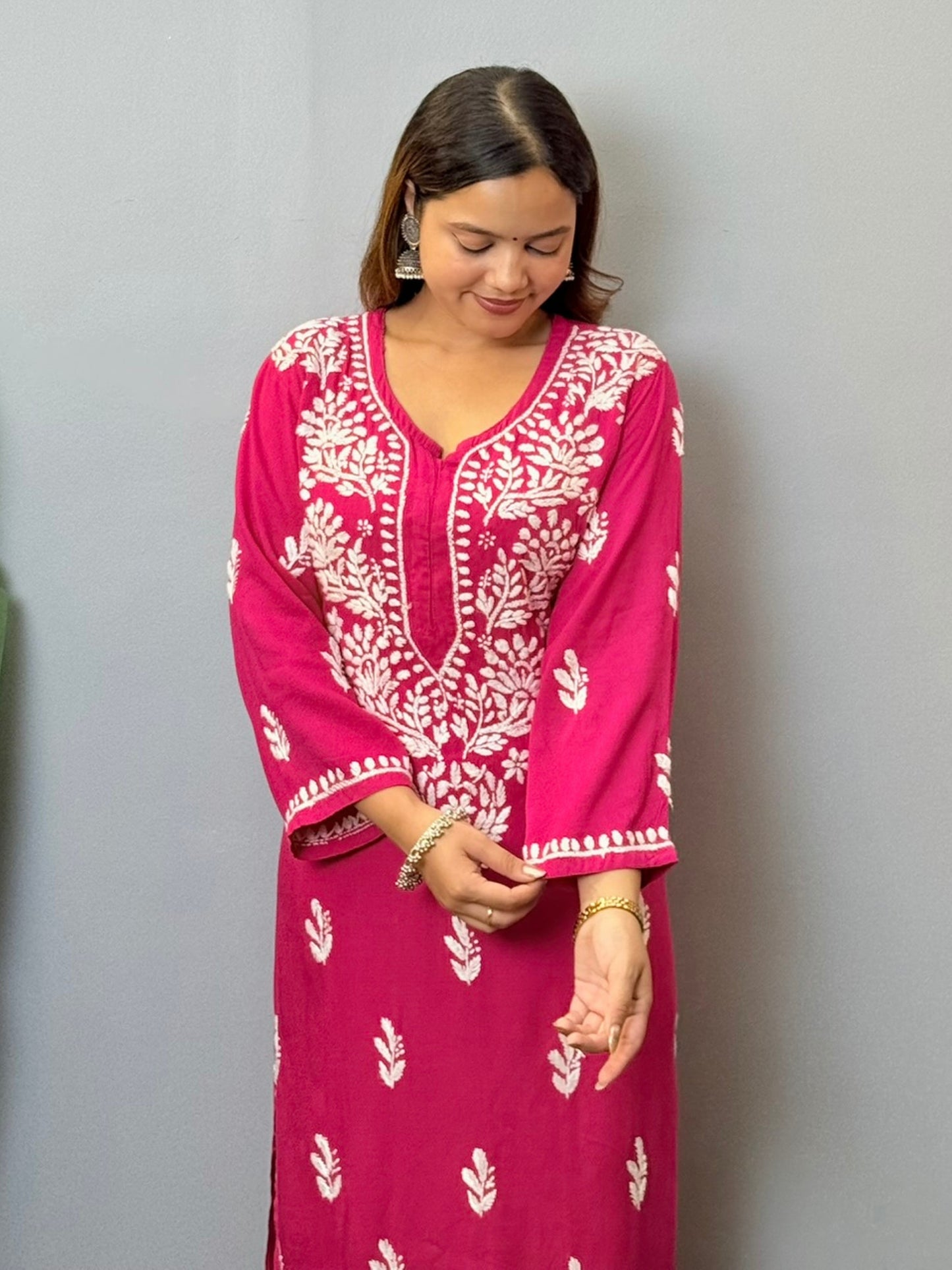 Magenta rayon chikankari kurta and palazzo set with white hand embroidery
