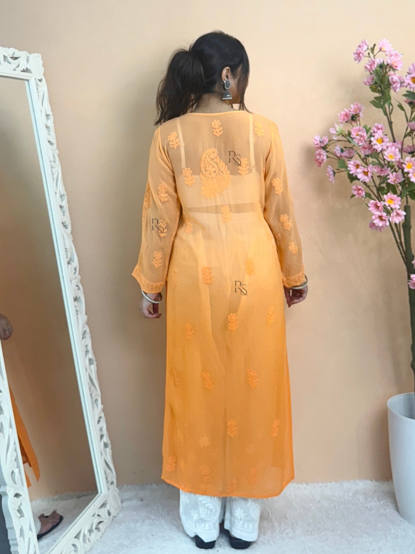 Orange Lucknow chikankari viscose kurta with hand embroidery in transy fabric