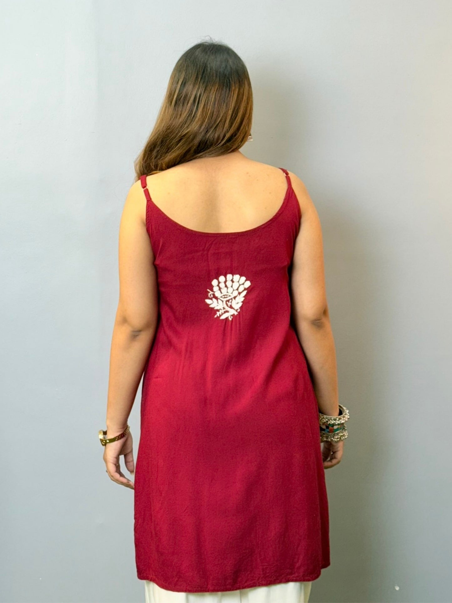 Maroon sleeveless rayon Lucknowi Chikankari short kurta with white hand embroidery