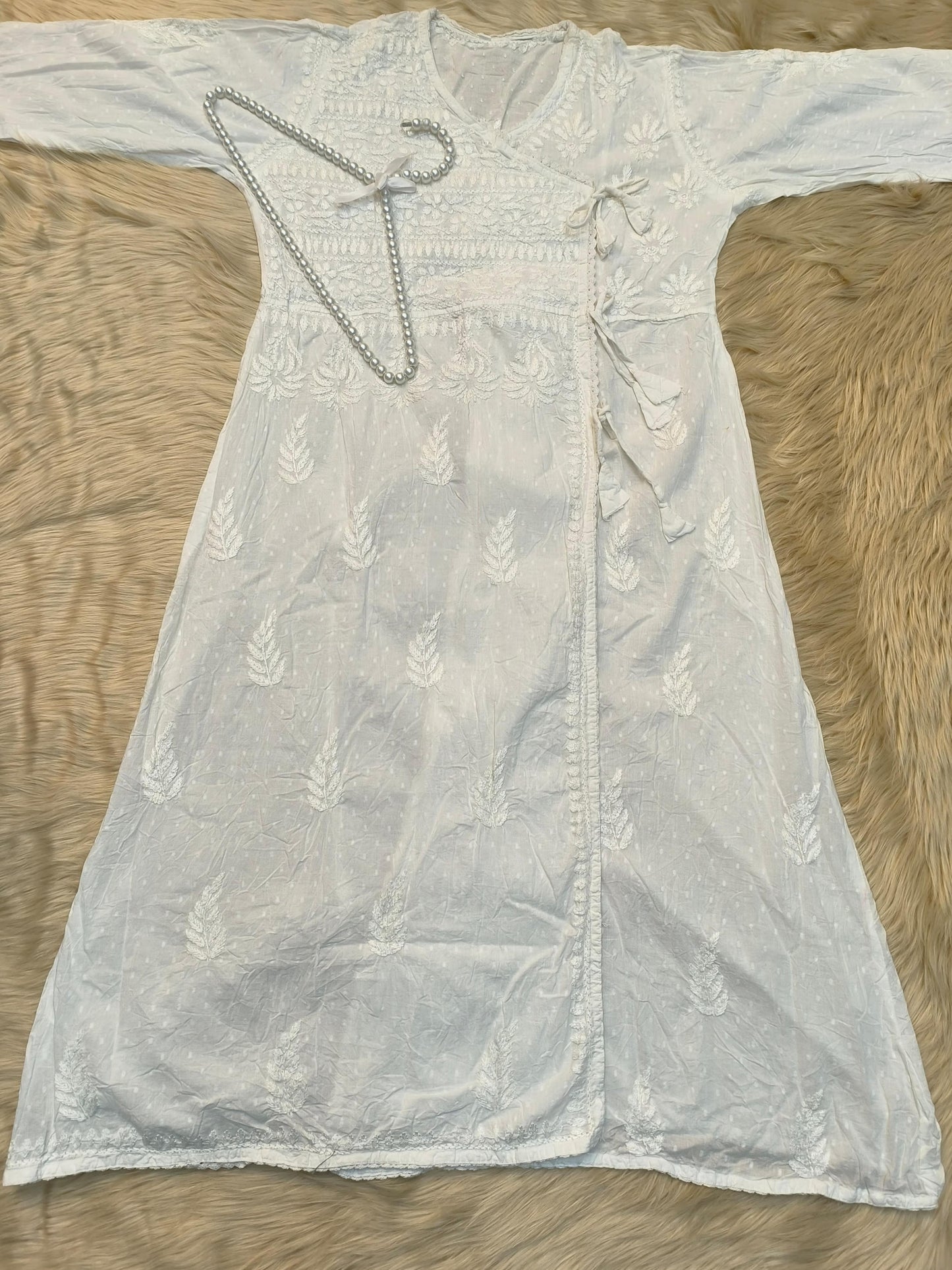 White dobby cotton angrakha chikankari kurta with side tie and hand embroidery