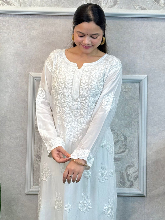 White dyable silk chikankari kurta with hand embroidery