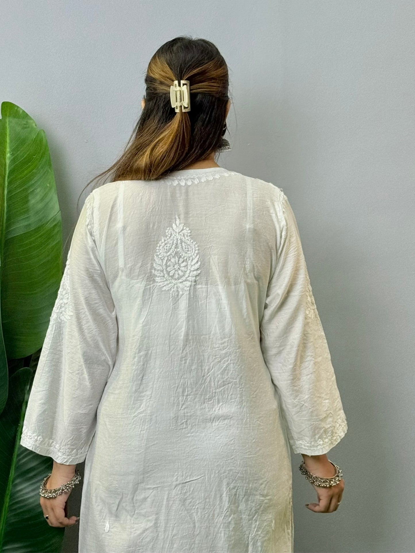 White Chanderi kurta with all-over Lucknowi Chikankari embroidery, premium quality, dyable and versatile