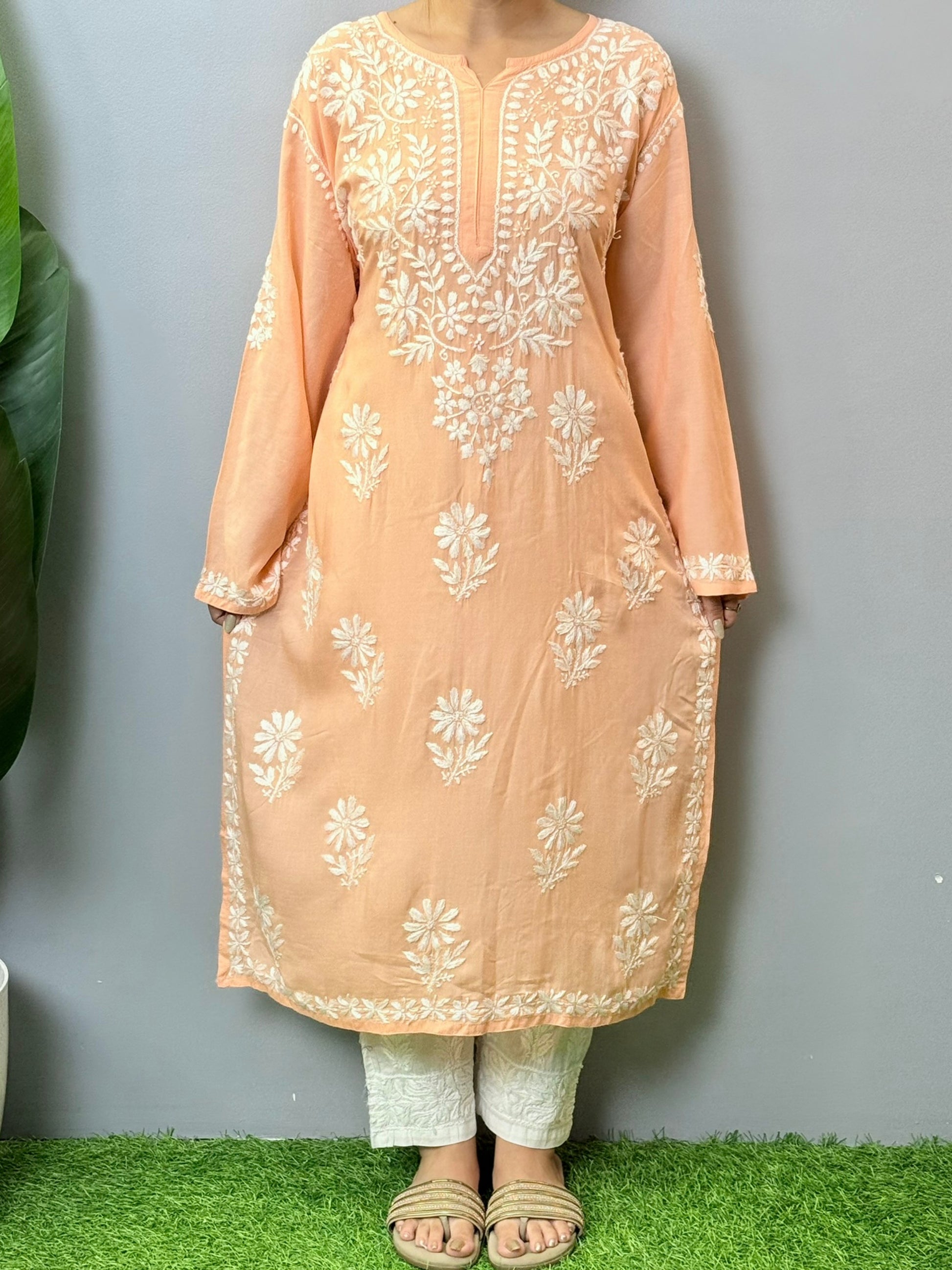 Peach modal Lucknowi Chikankari kurta with white hand embroidery, ideal for casual summer wear