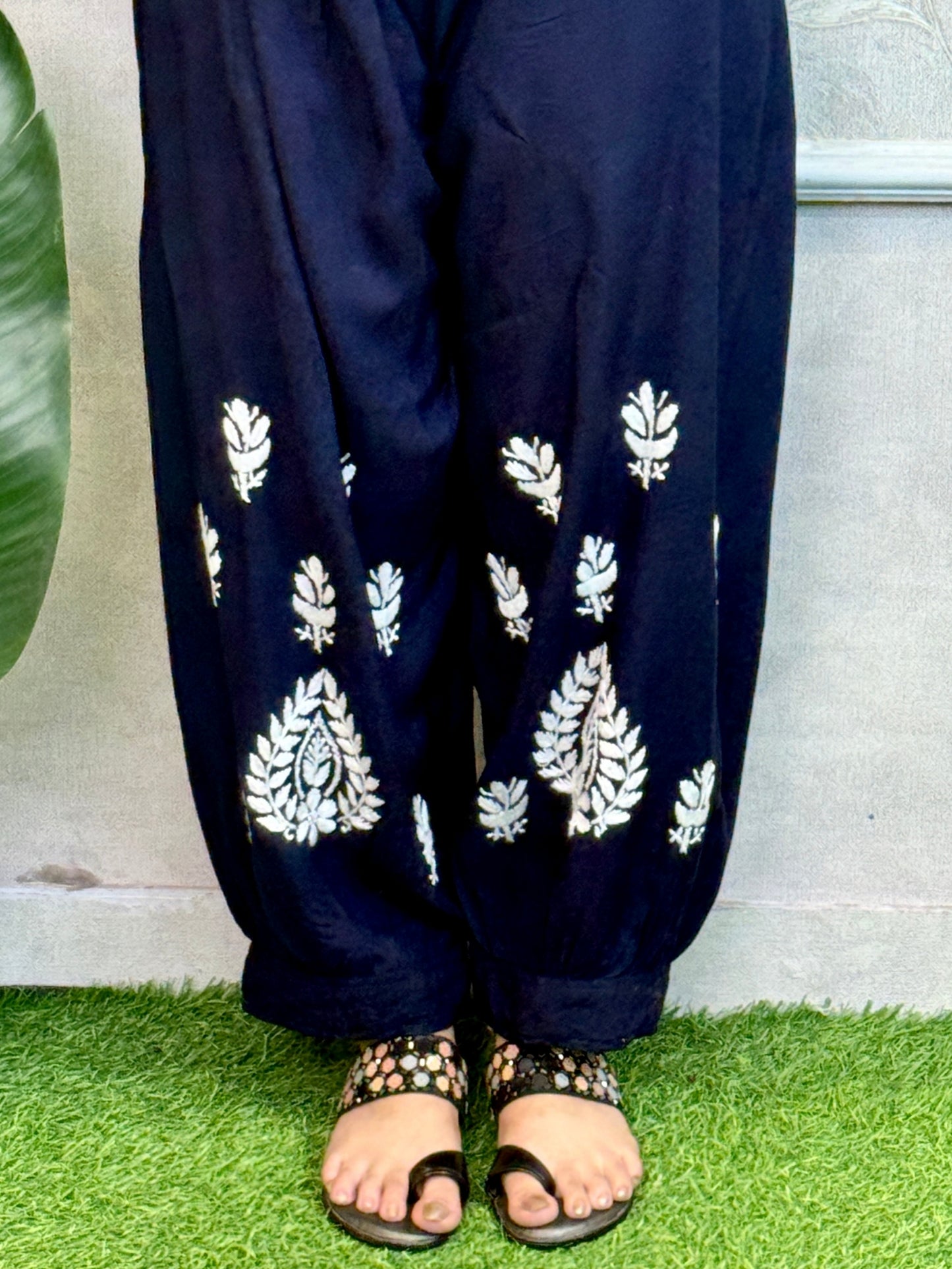 Navy blue rayon Lucknowi Chikankari kurta with white hand embroidery paired with matching dhoti pant – premium soft set.
