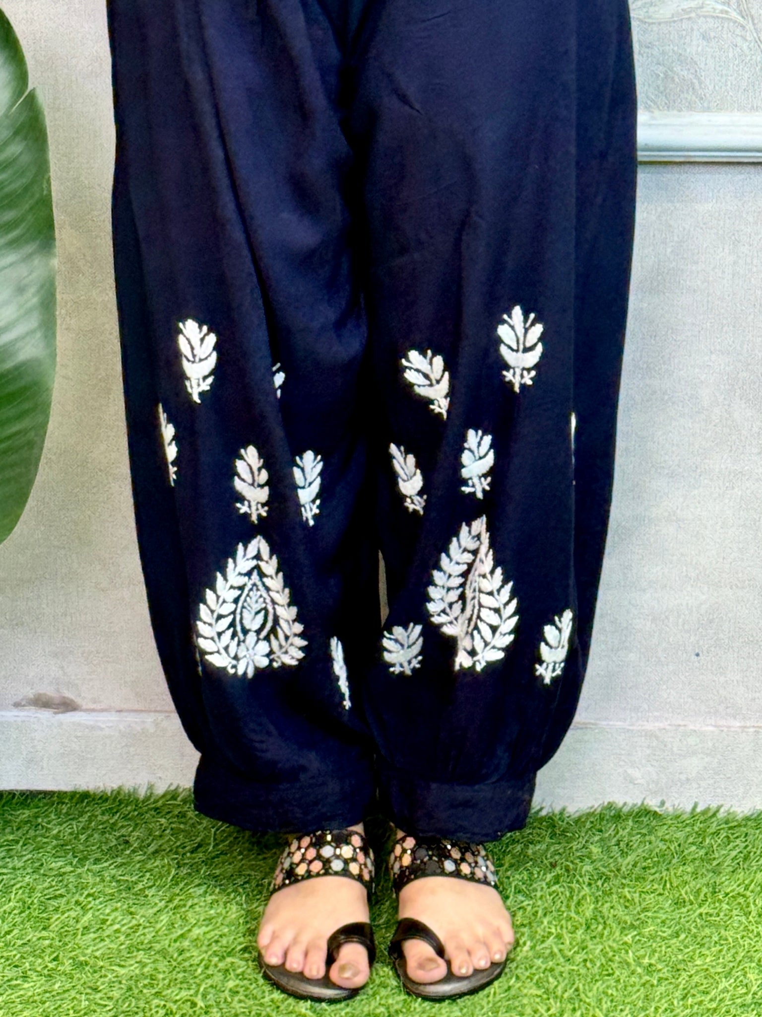 Navy blue rayon Lucknowi Chikankari kurta with white hand embroidery paired with matching dhoti pant – premium soft set.