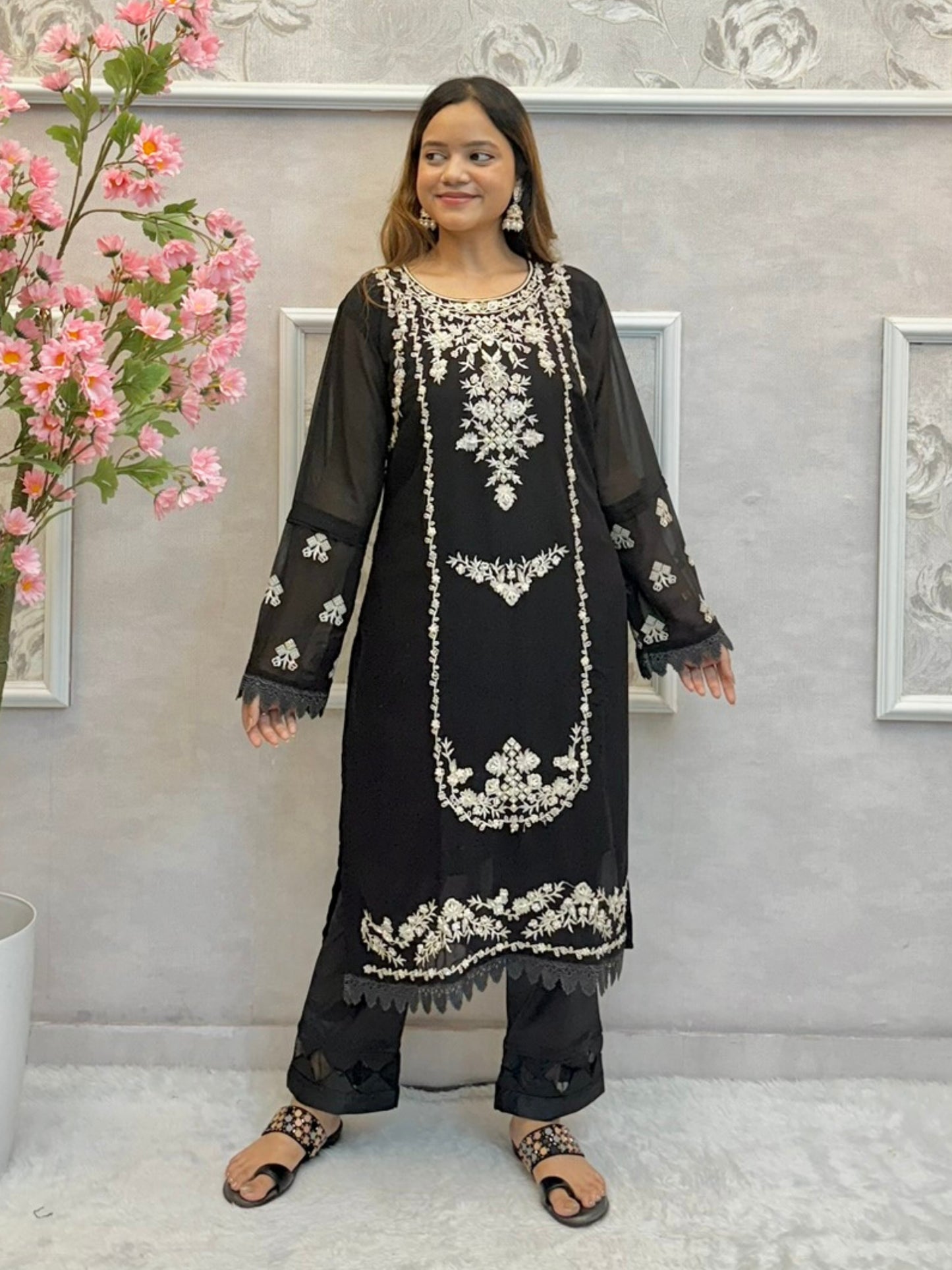 Black georgette designer kurta set with ivory hand embroidery and matching dupatta