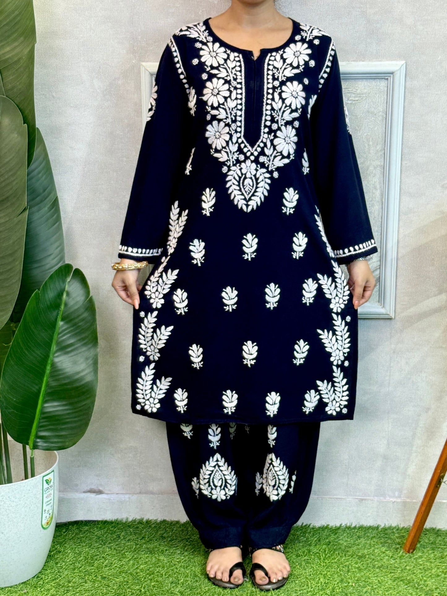 Navy blue rayon Lucknowi Chikankari kurta with white hand embroidery paired with matching dhoti pant – premium soft set.